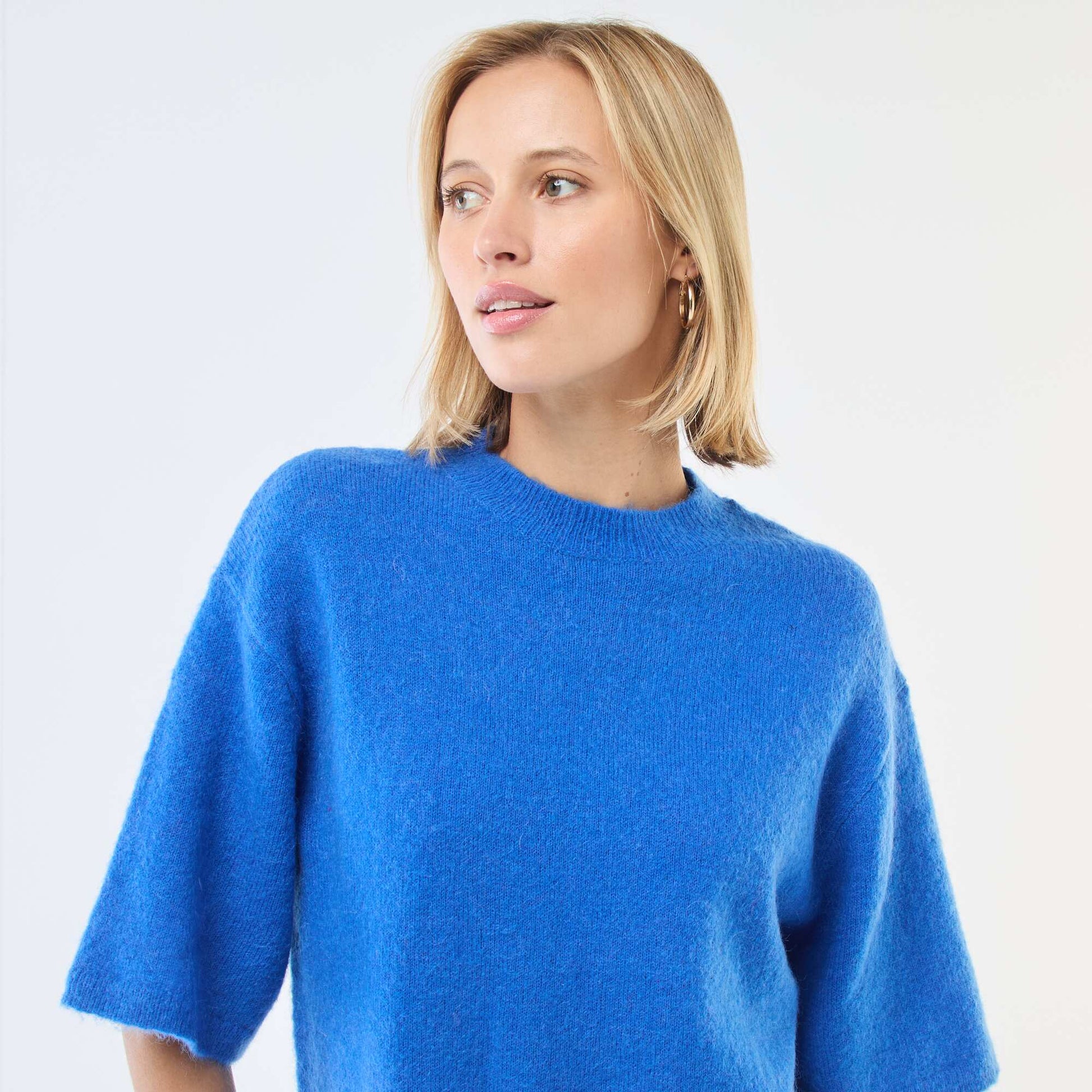 Pull manches courtes uni en mohair BLEU
