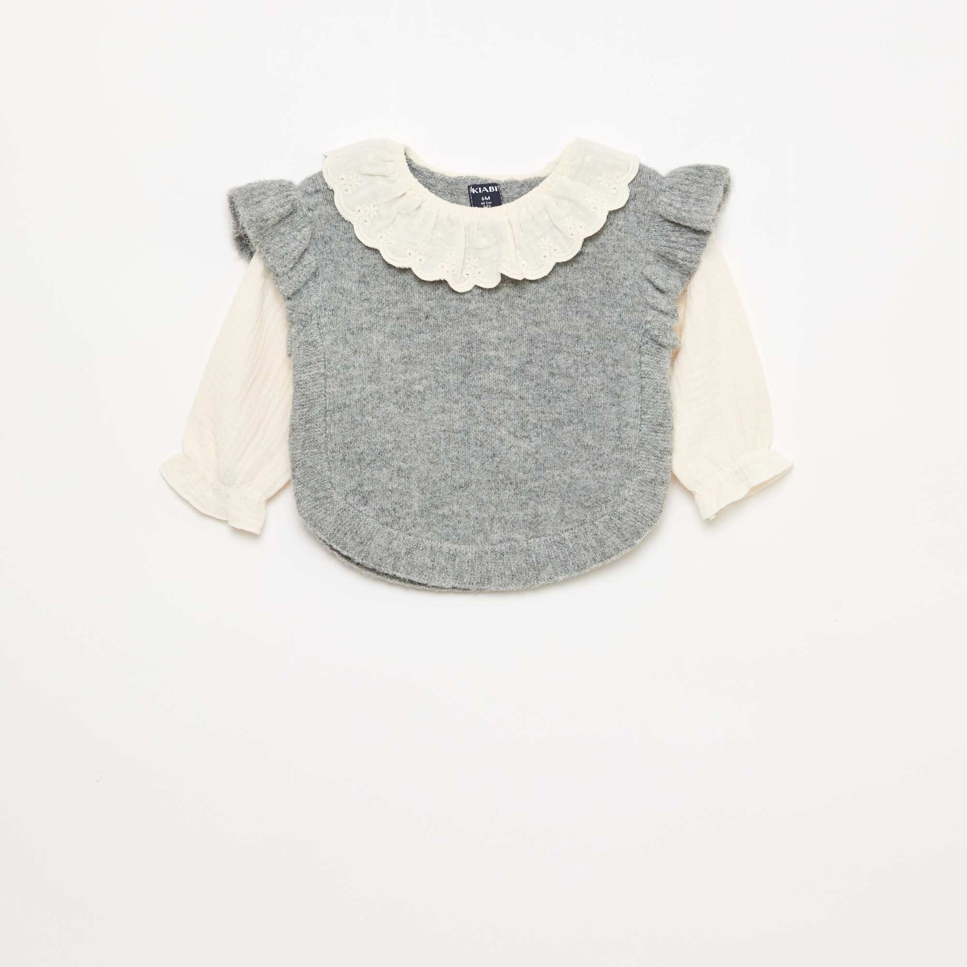 Pull 2 en 1 ave collerette en broderies anglaises GRIS