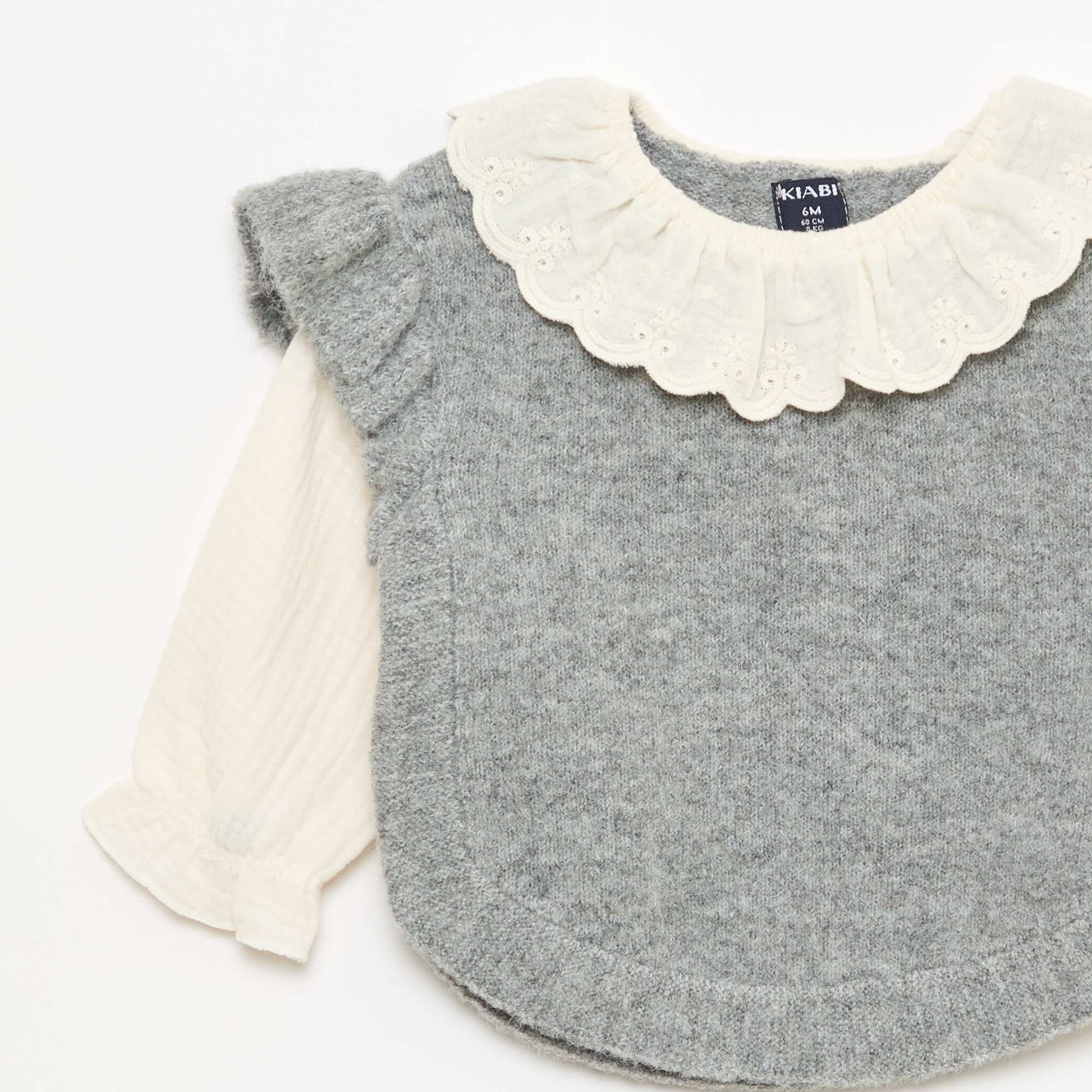 Pull 2 en 1 ave collerette en broderies anglaises GRIS