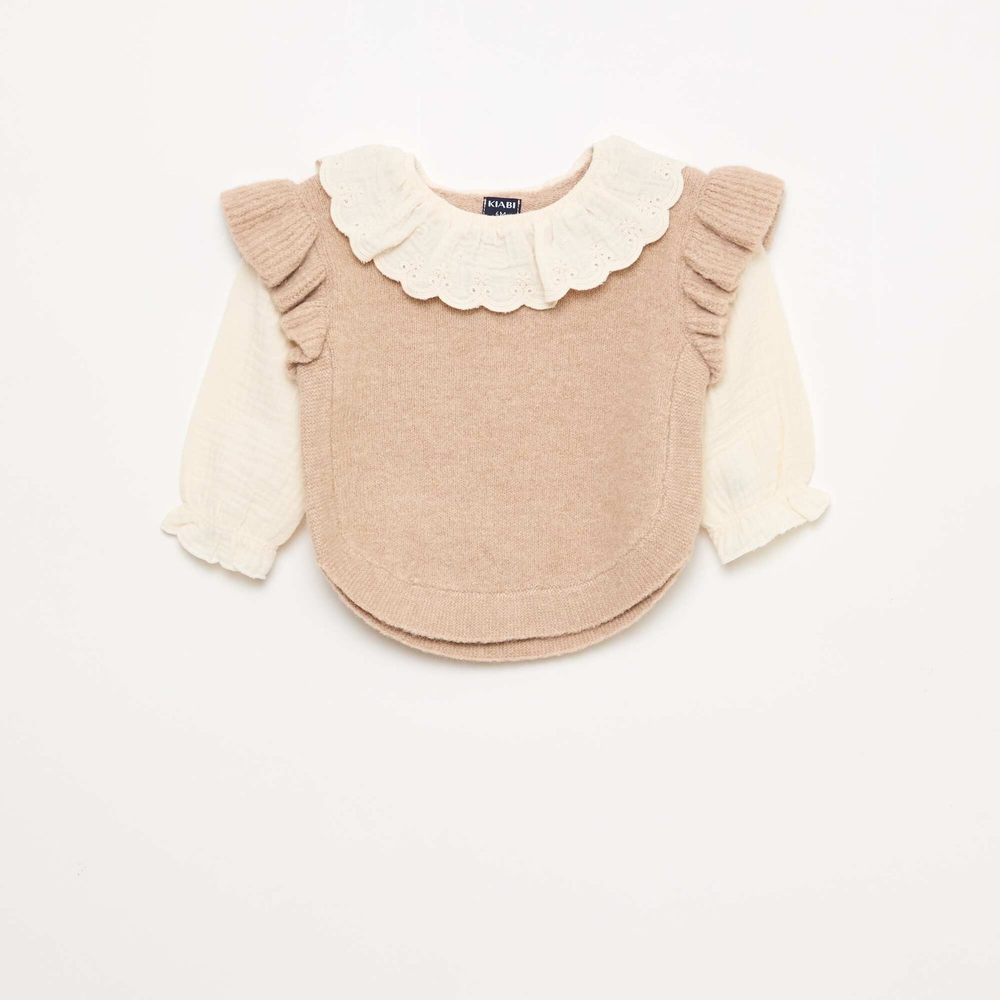 Pull 2 en 1 ave collerette en broderies anglaises BEIGE
