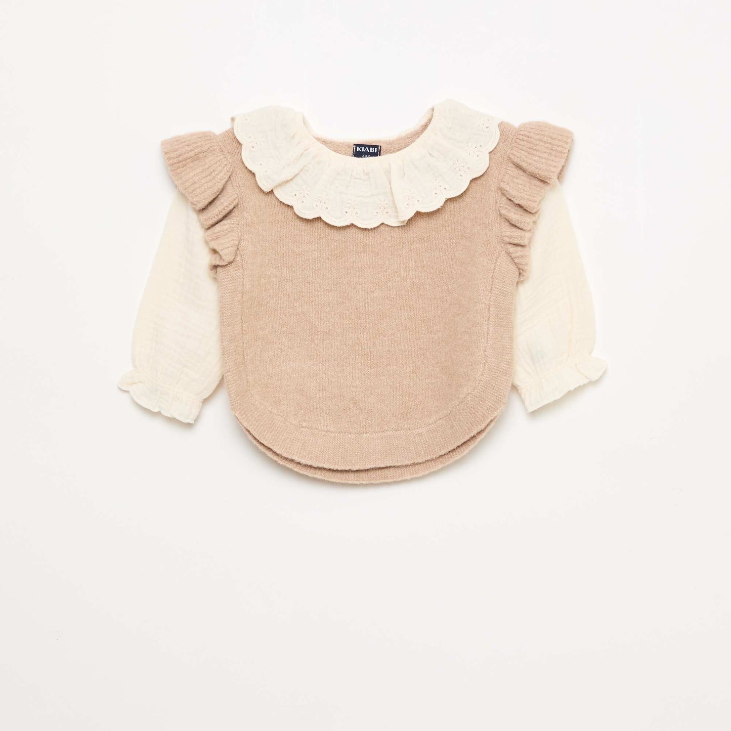 Pull 2 en 1 ave collerette en broderies anglaises BEIGE