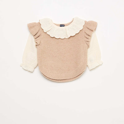 Pull 2 en 1 ave collerette en broderies anglaises BEIGE