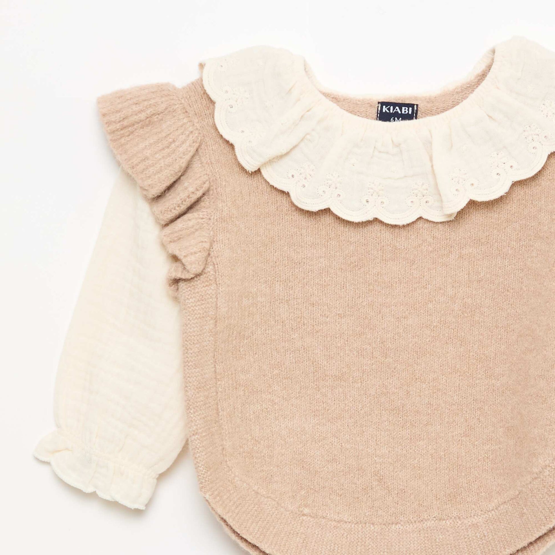 Pull 2 en 1 ave collerette en broderies anglaises BEIGE
