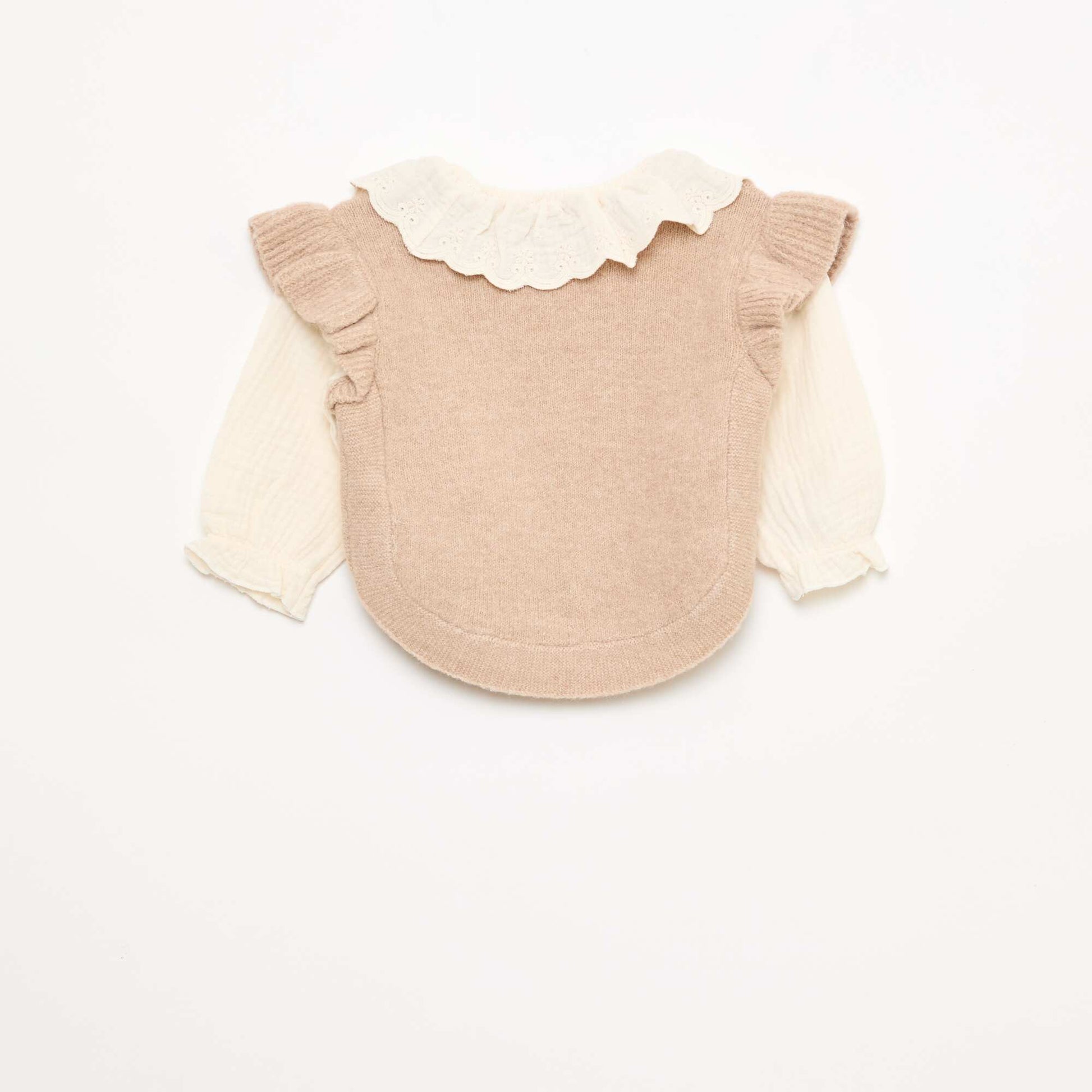 Pull 2 en 1 ave collerette en broderies anglaises BEIGE