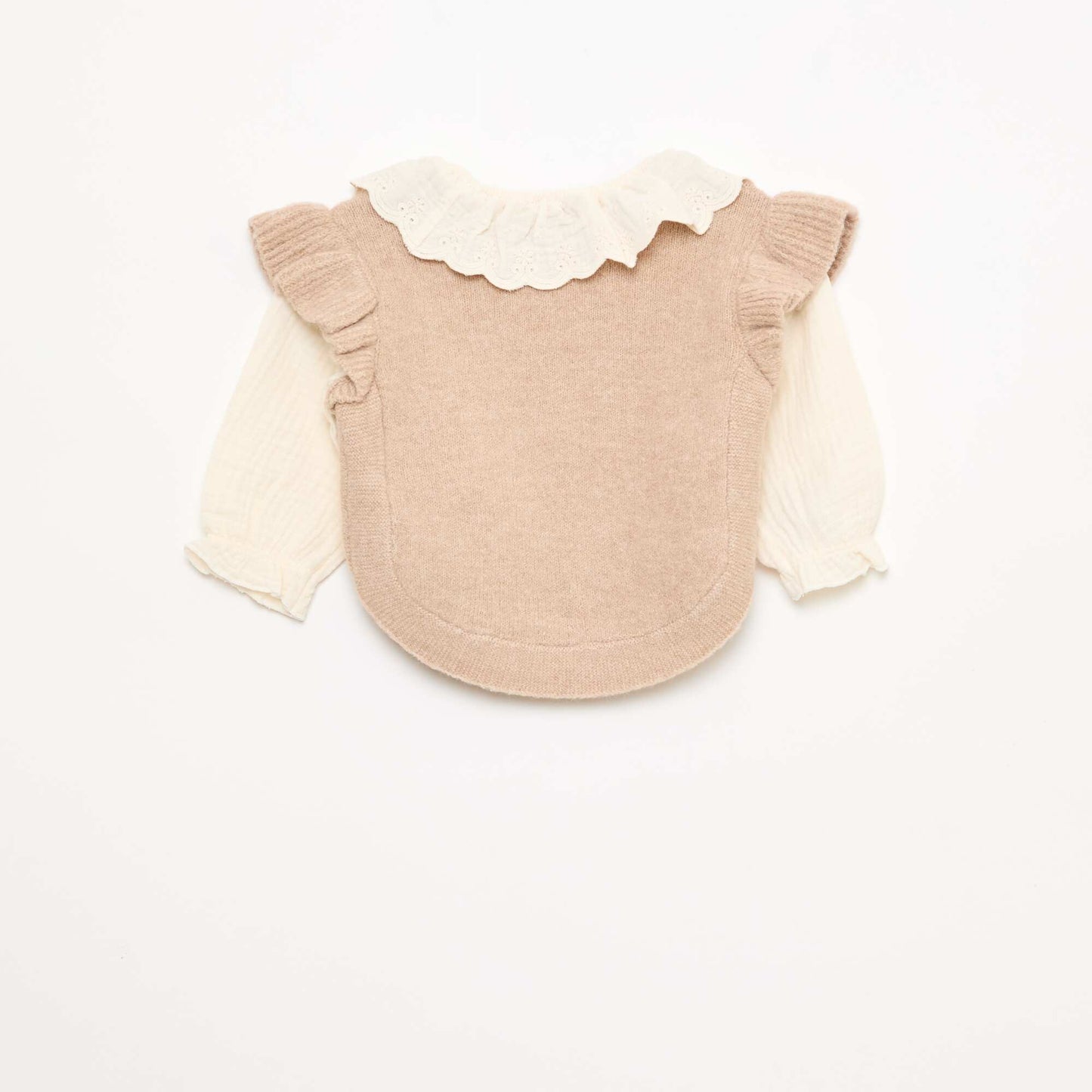 Pull 2 en 1 ave collerette en broderies anglaises BEIGE