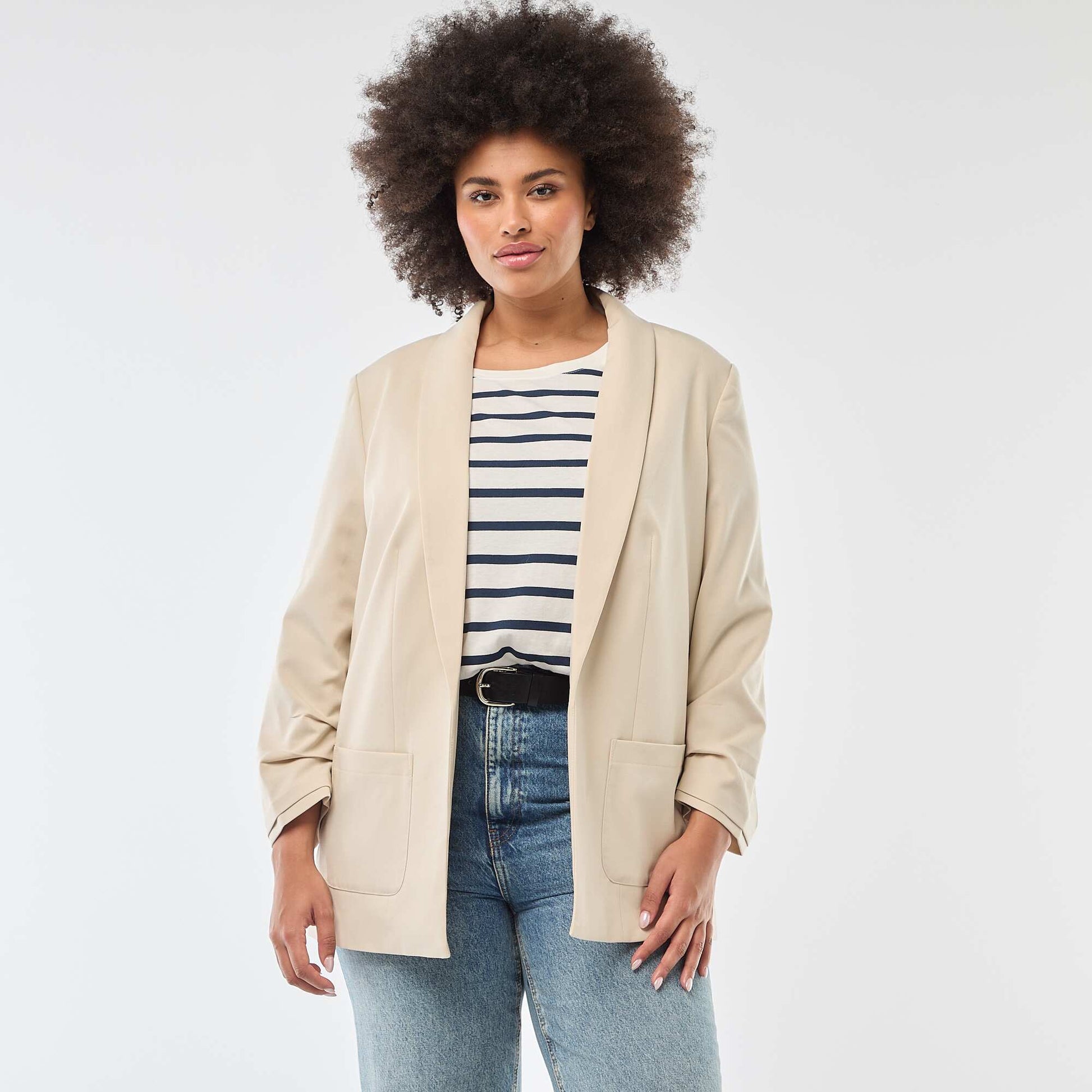Veste blazer longue avec manches effet retroussé BEIGE