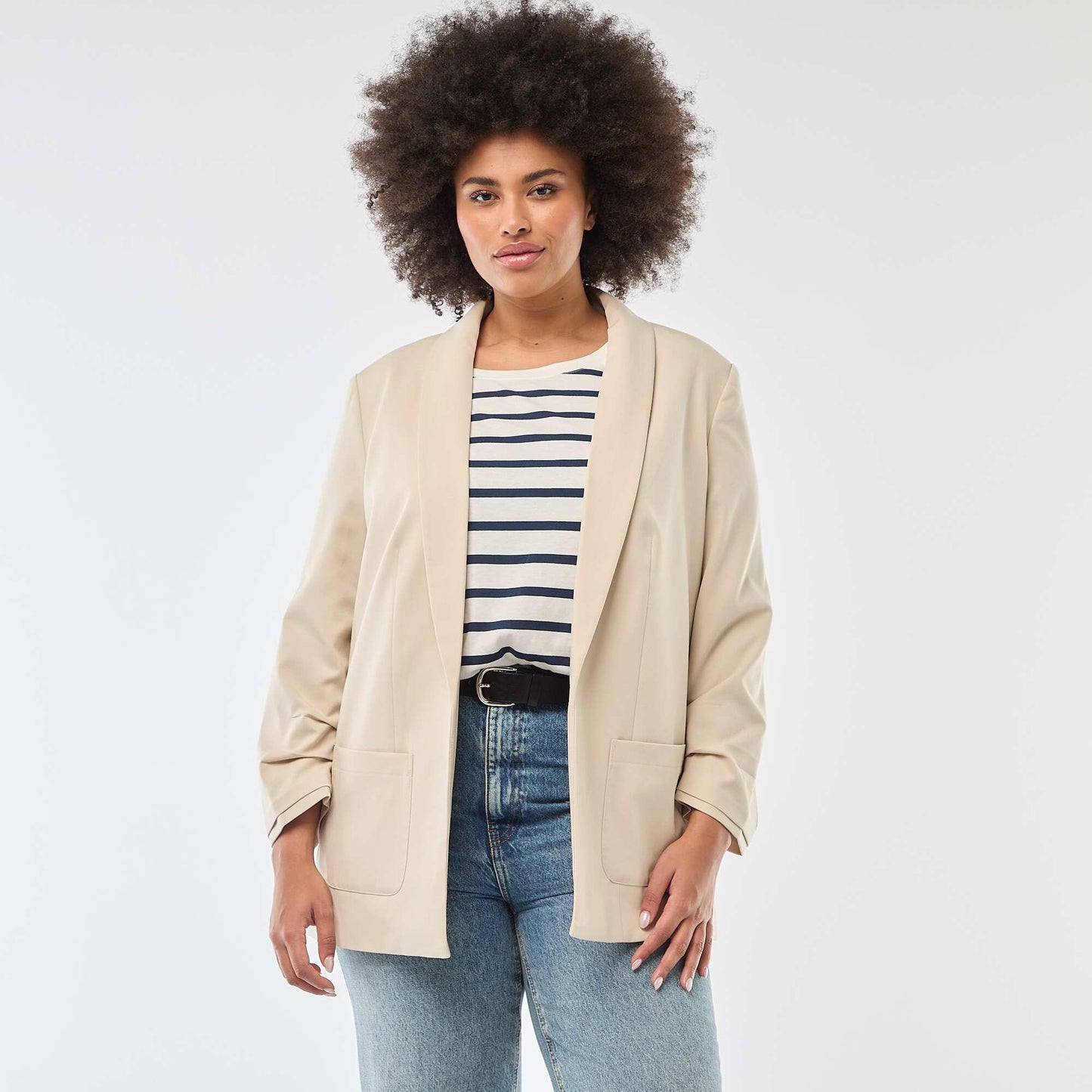 Veste blazer longue avec manches effet retroussé BEIGE