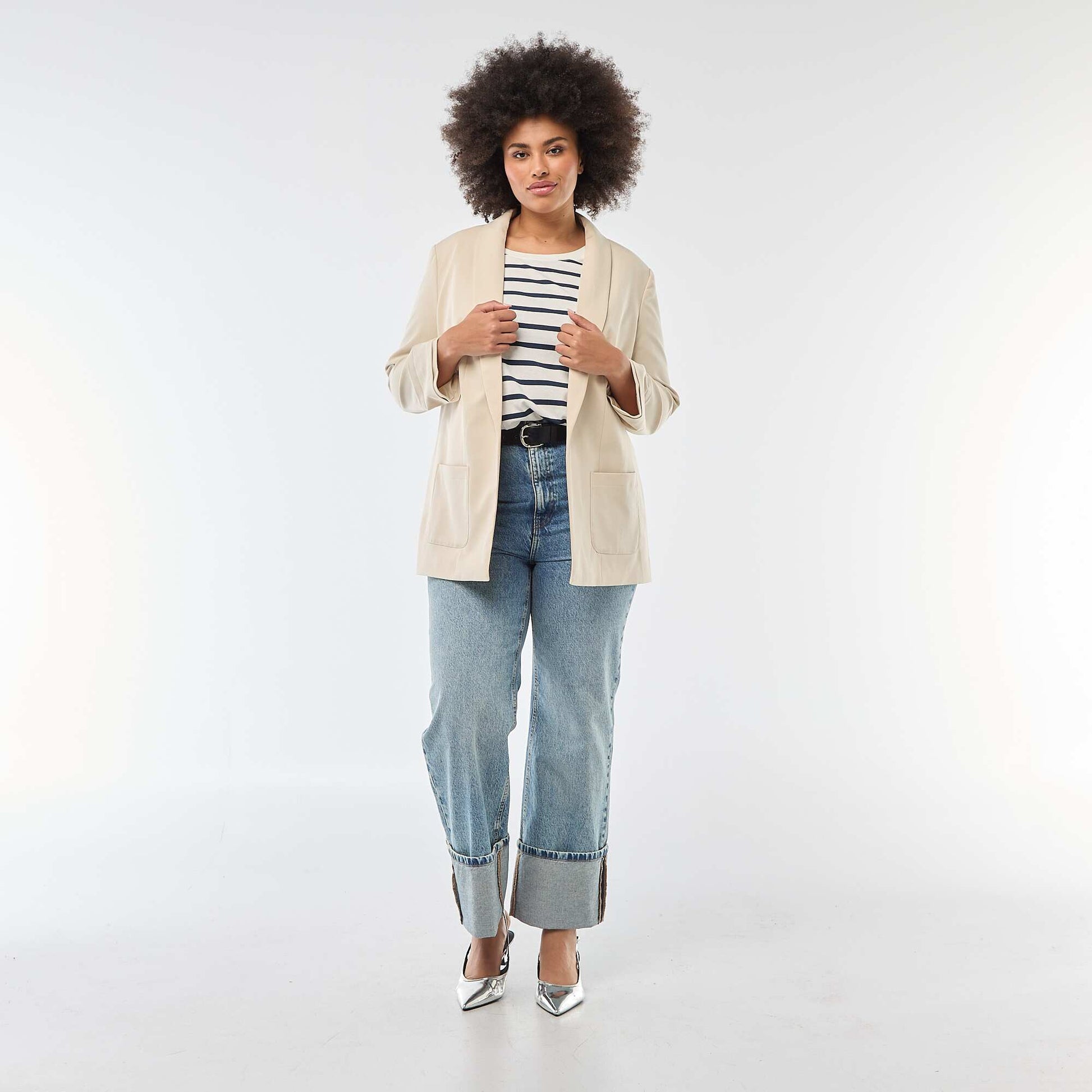 Veste blazer longue avec manches effet retroussé BEIGE