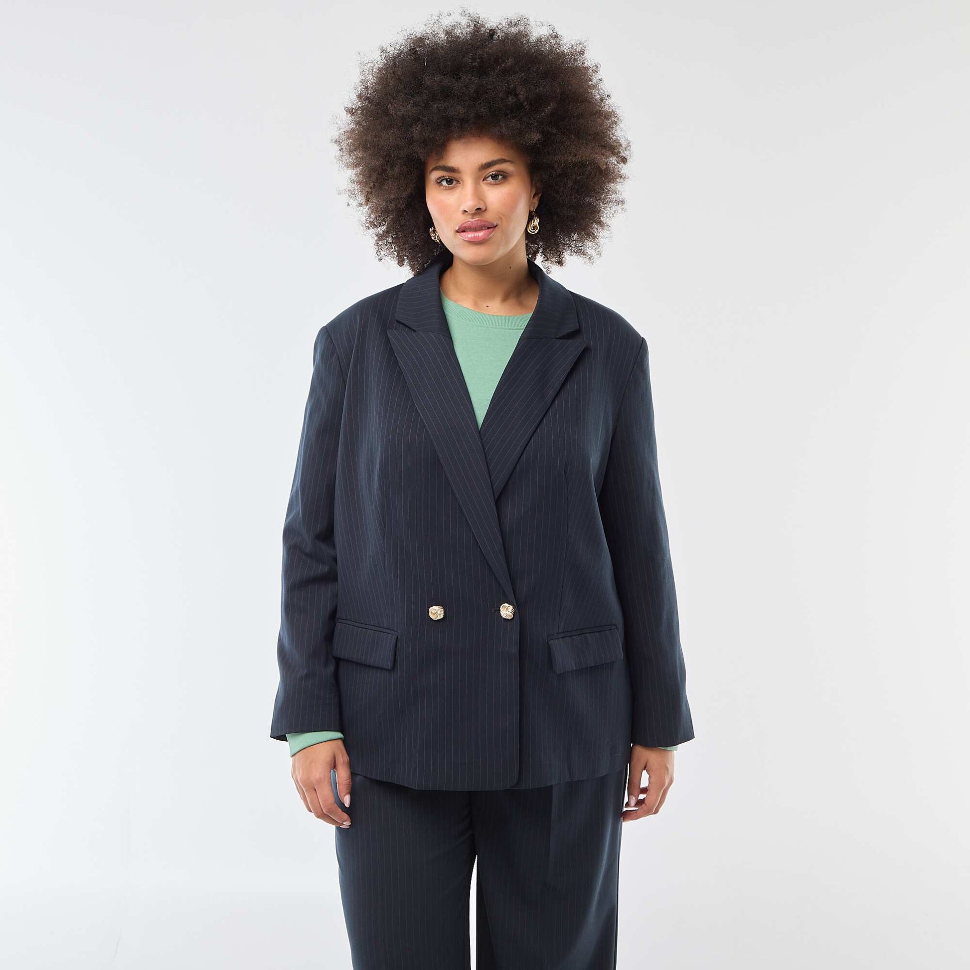 Veste de tailleur longue double boutonnage BLEU