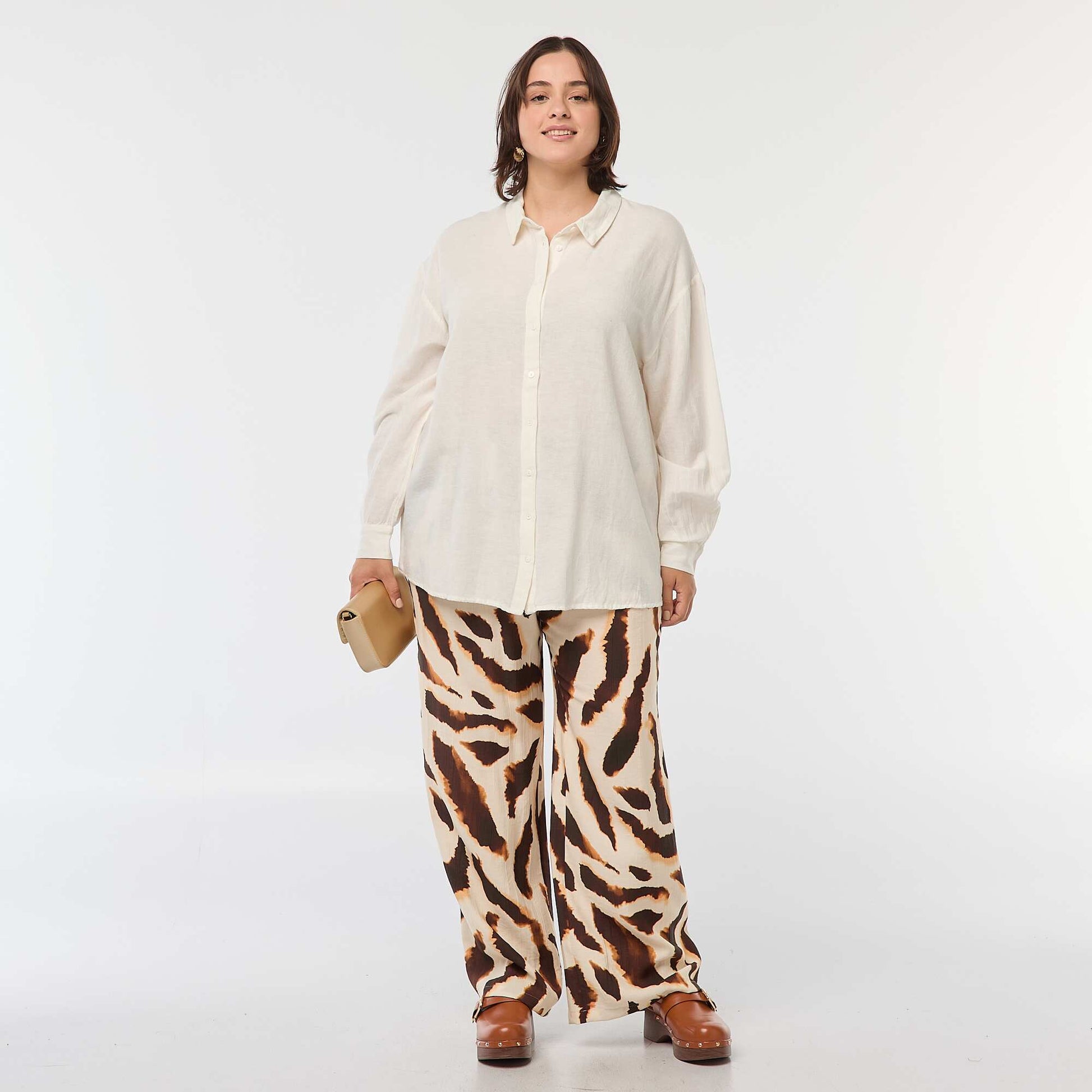 Pantalon large fluide avec motif all over BEIGE