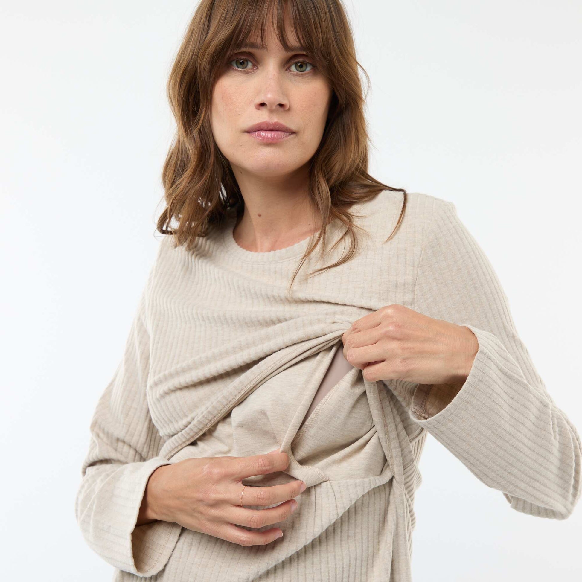 T-shirt d'allaitement côtelé BEIGE