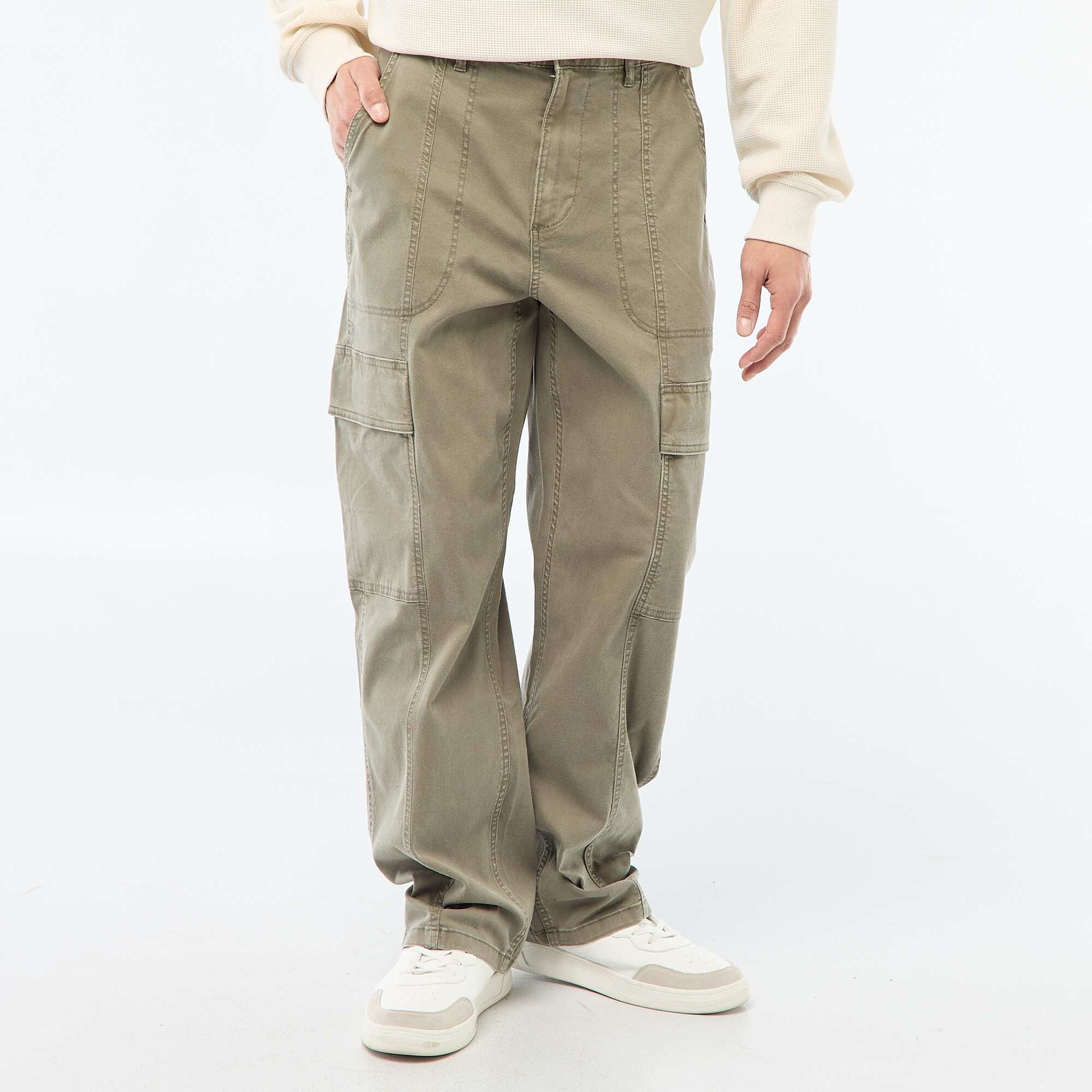 Pantalon multipoches uni coupe droite / Regular Fit KAKI