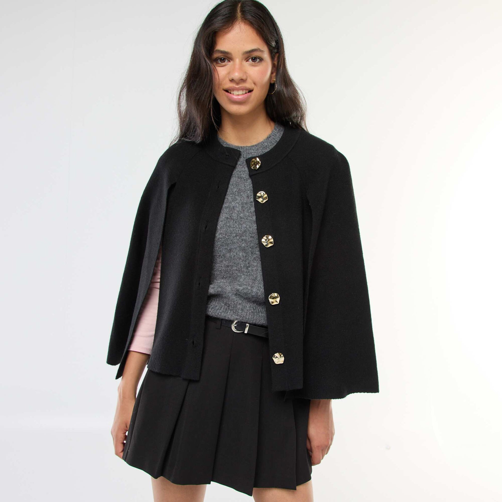 Gilet cape avec boutons dorés NOIR