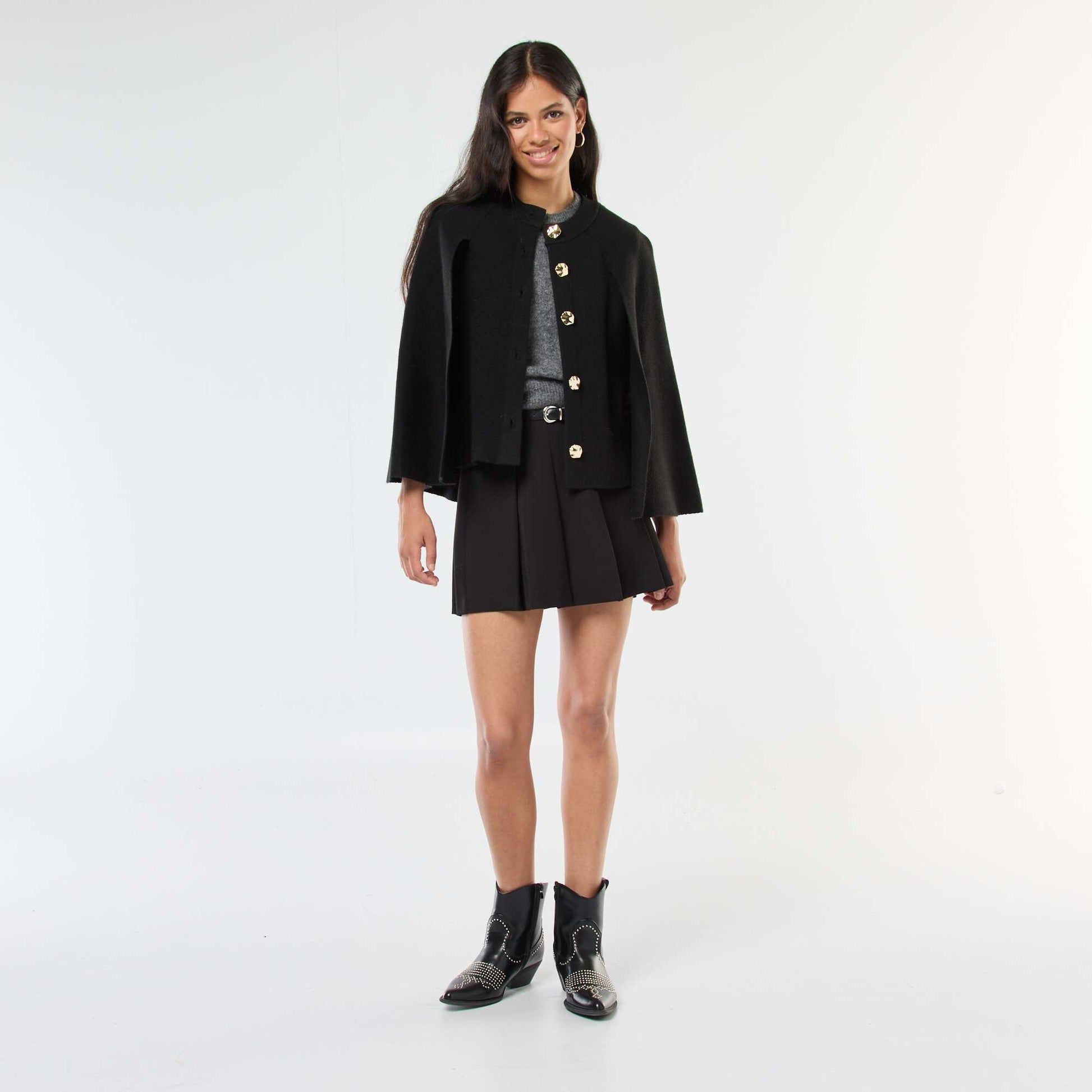 Gilet cape avec boutons dorés NOIR