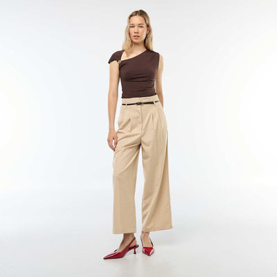 Pantalon city coupe large avec fine ceinture BEIGE