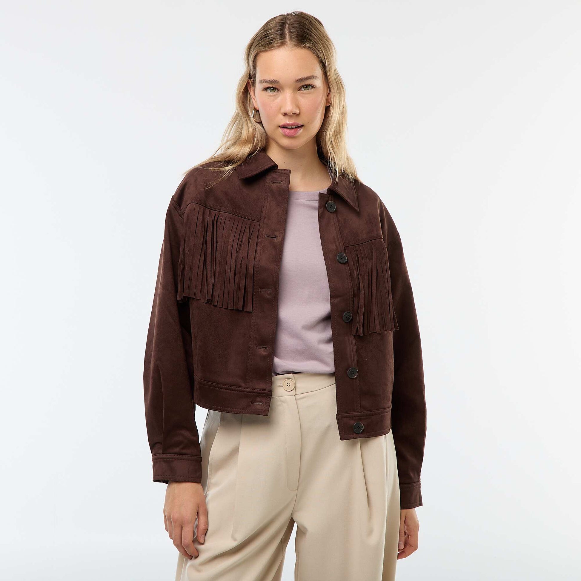 Veste en suédine avec franges coupe courte MARRON