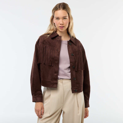Veste en suédine avec franges coupe courte MARRON