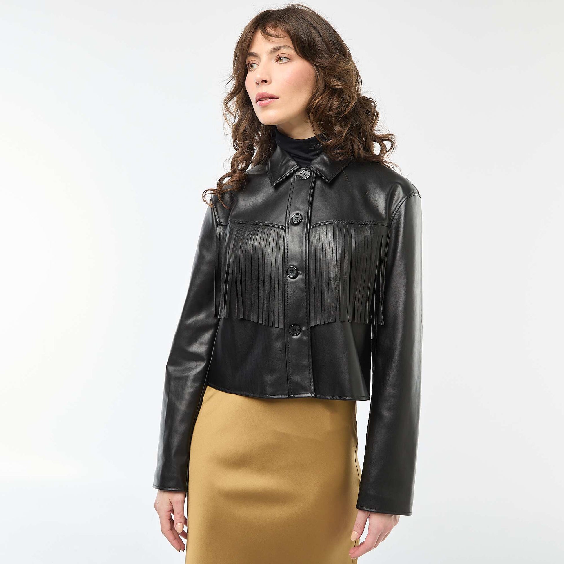 Veste courte en simili à franges NOIR