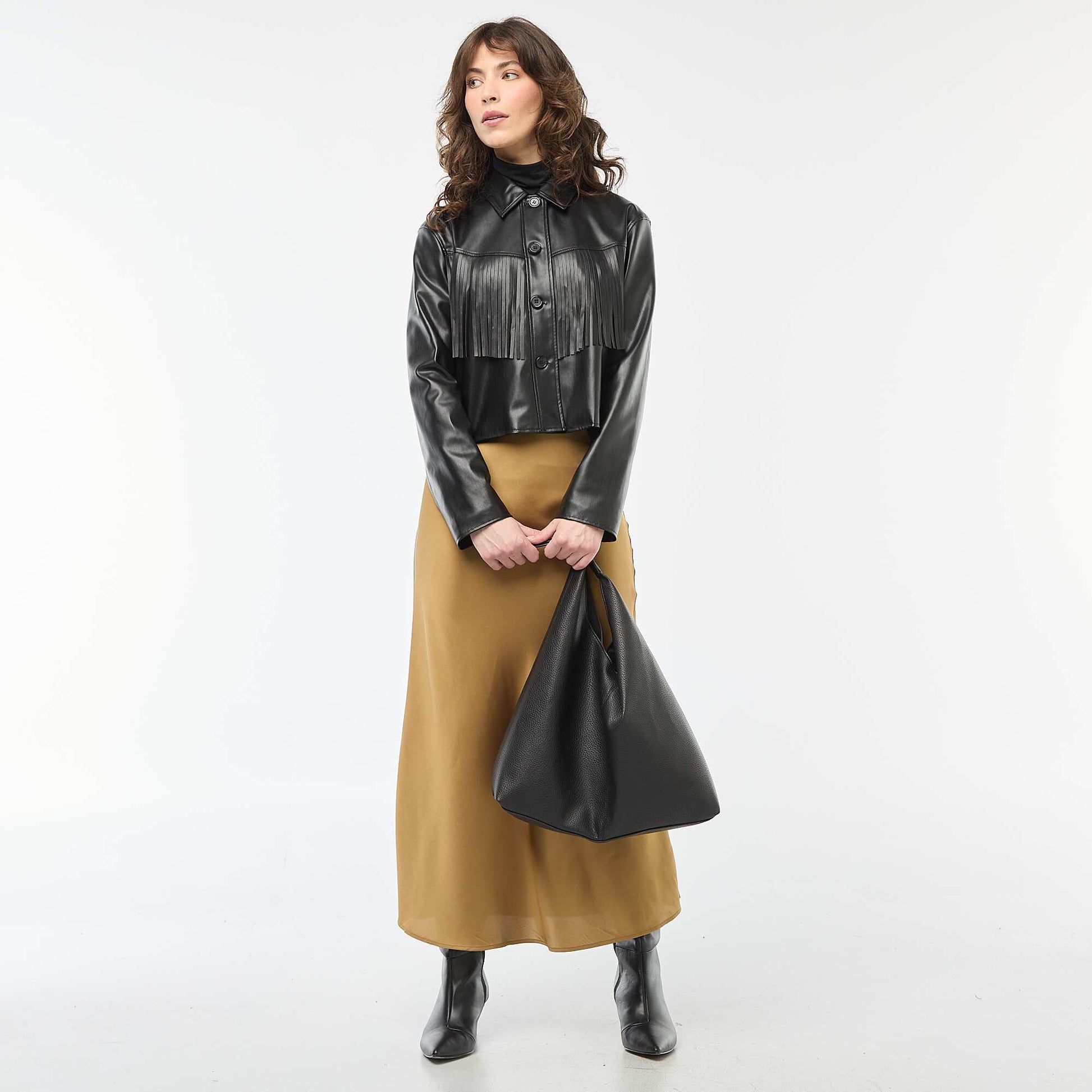 Veste courte en simili à franges NOIR