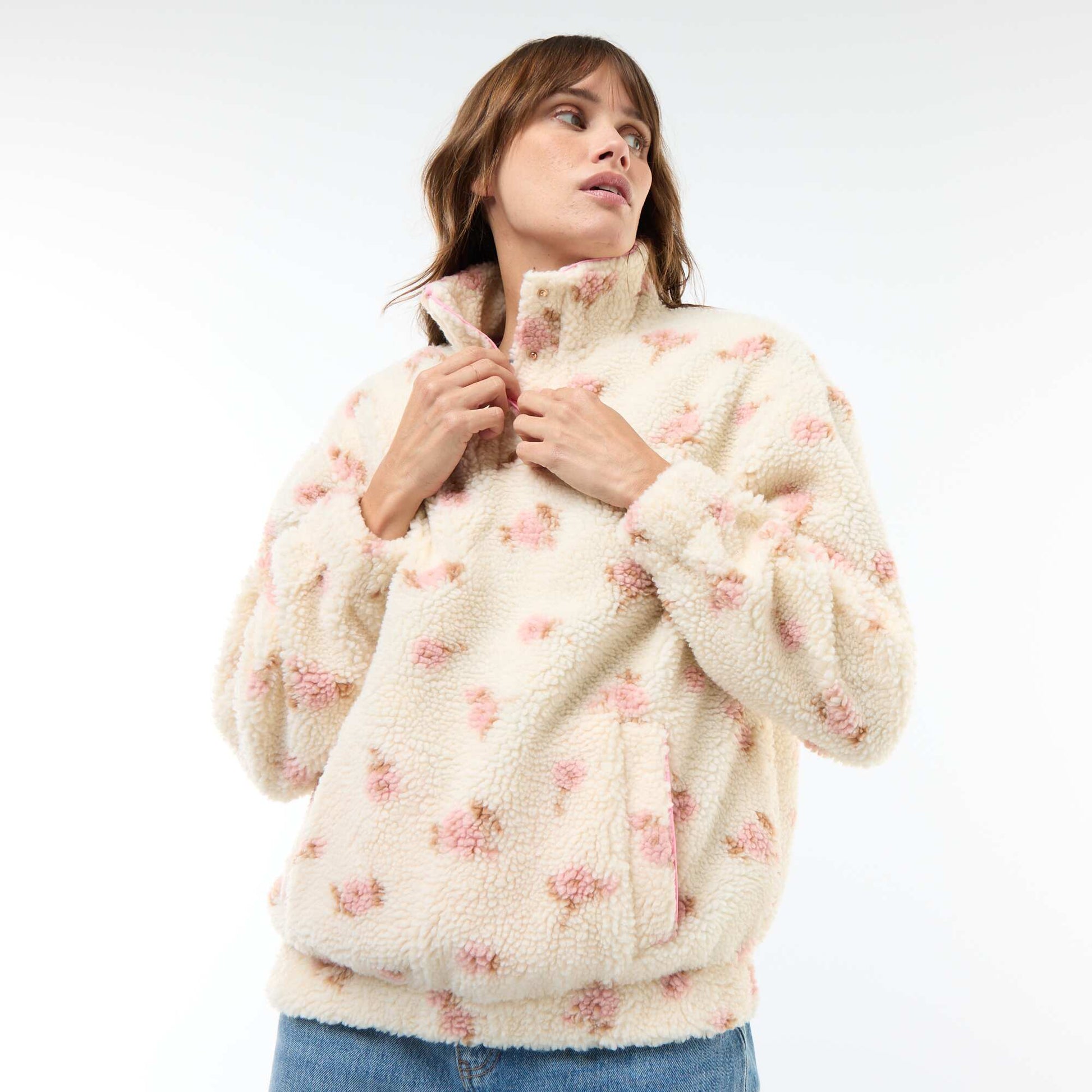 Sweat en maille bouclette imprimé BLANC/ROSE