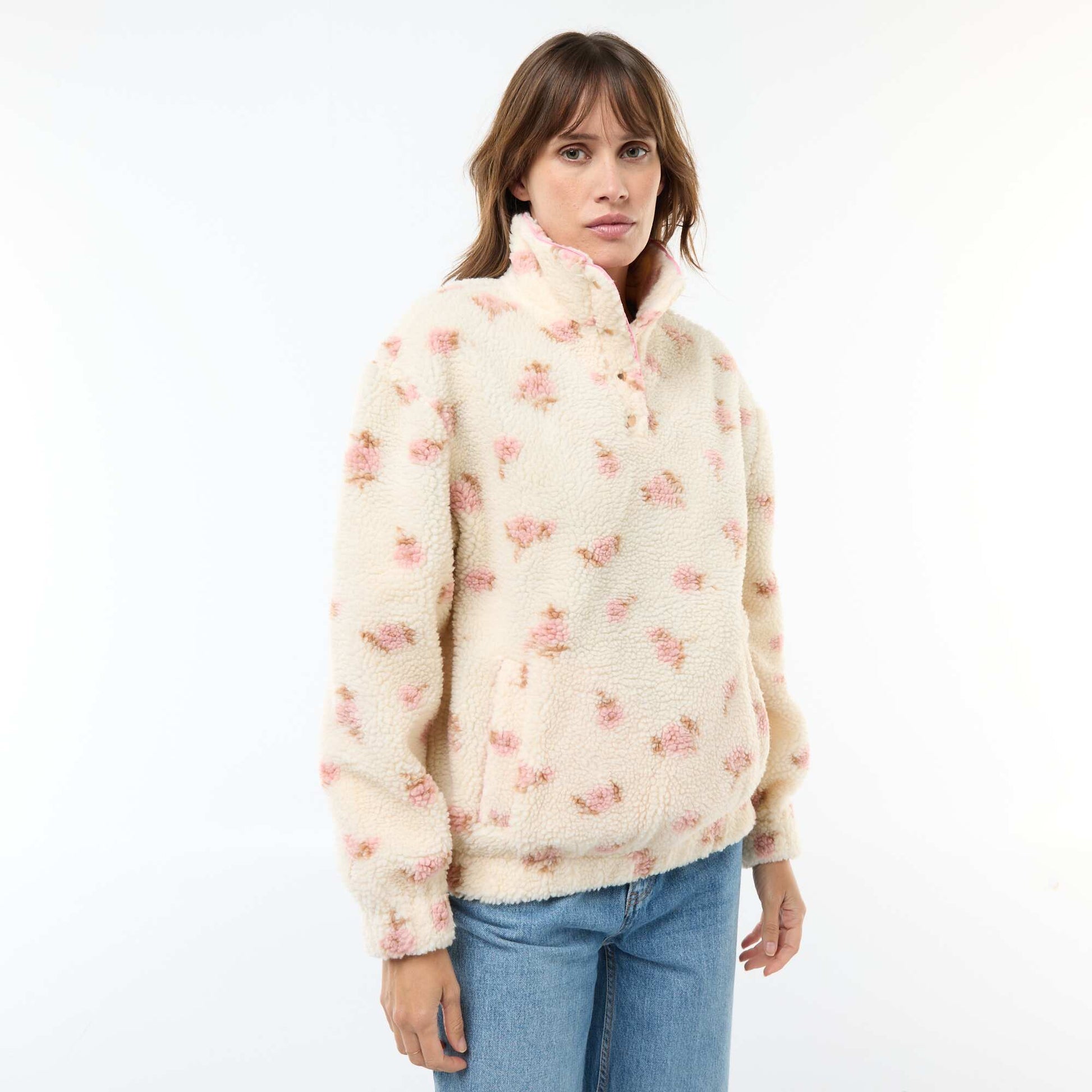 Sweat en maille bouclette imprimé BLANC/ROSE