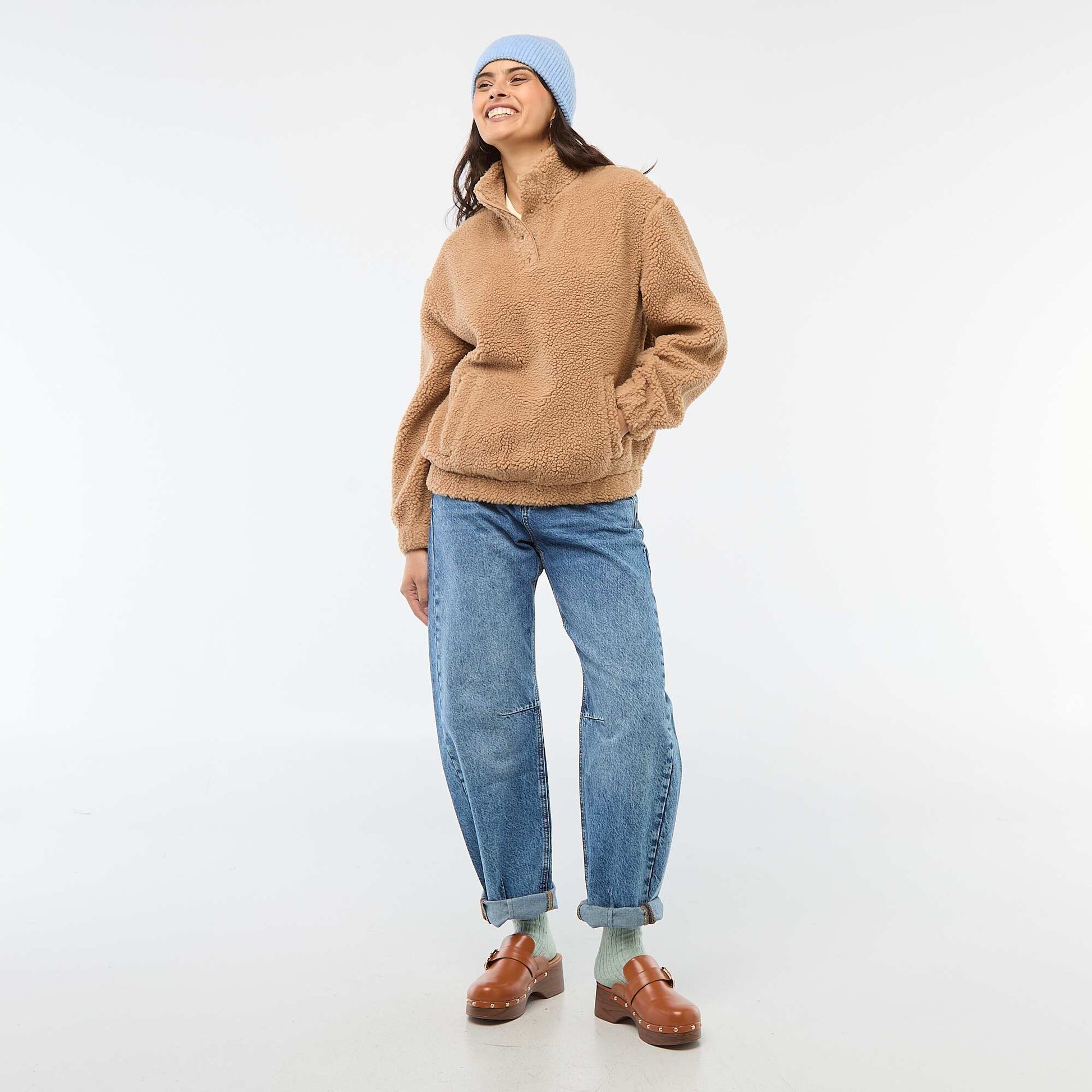 Sweat en maille bouclette imprimé MARRON