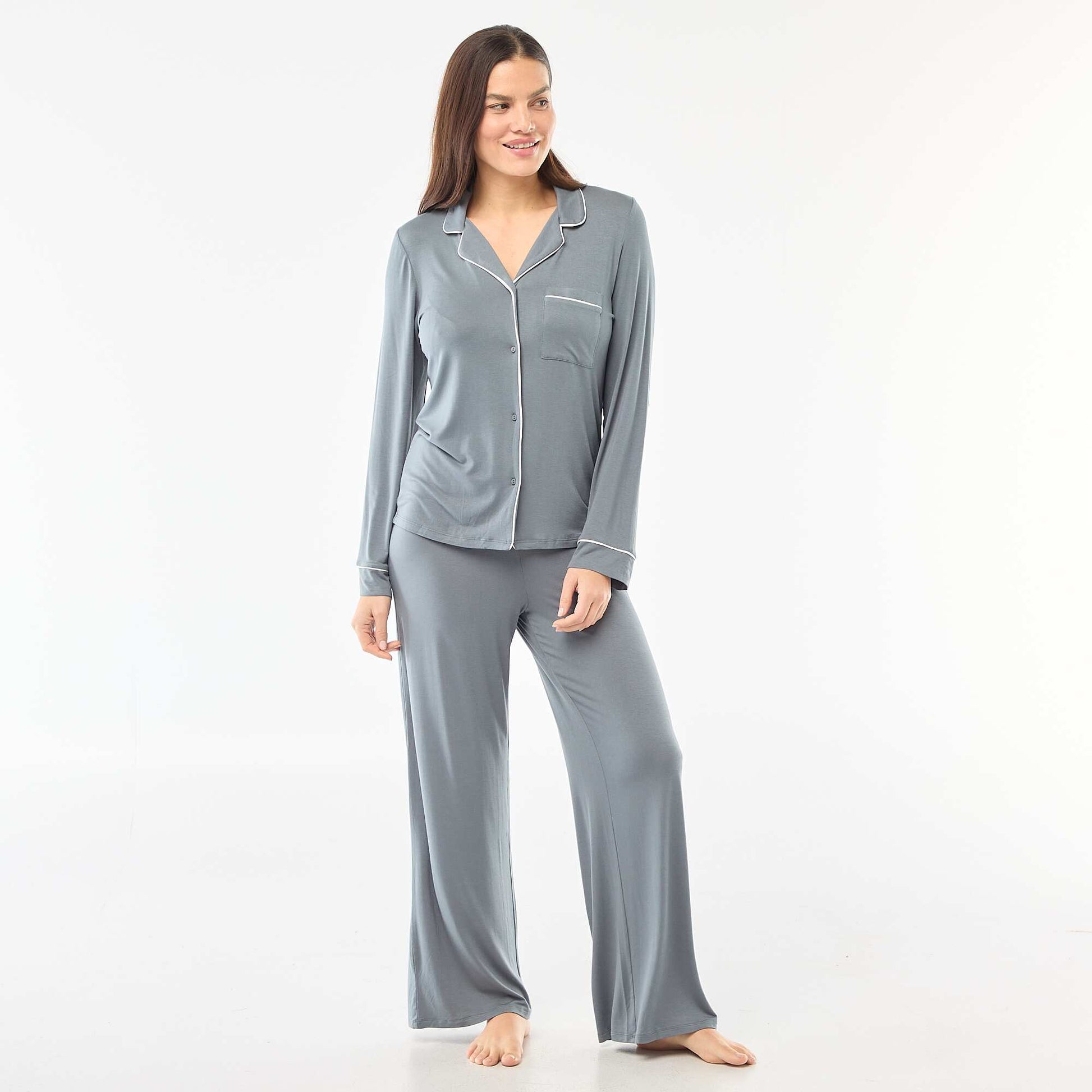 Pyjama long en maille douce stretch - 2 pièces BLEU GRIS