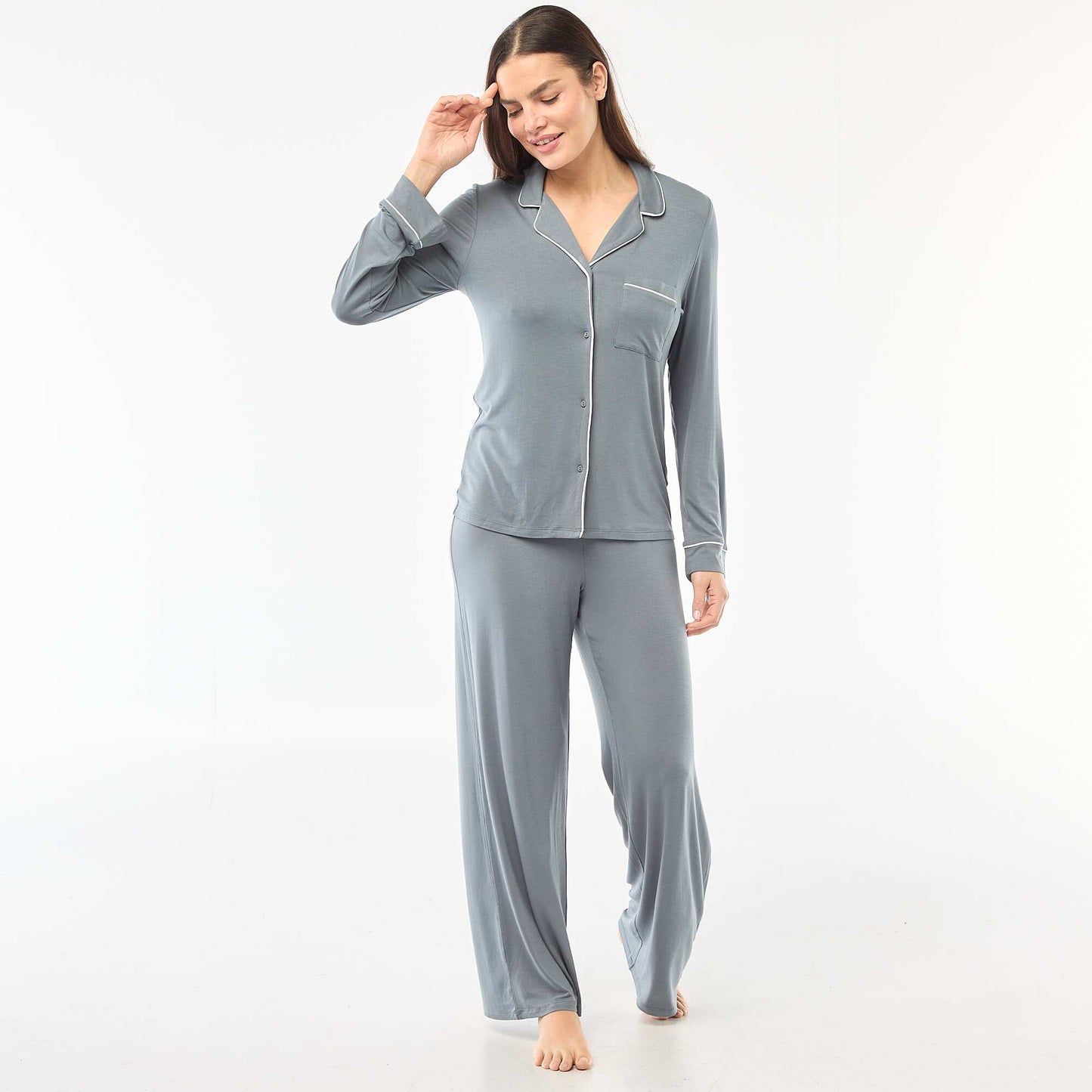 Pyjama long en maille douce stretch - 2 pièces BLEU GRIS