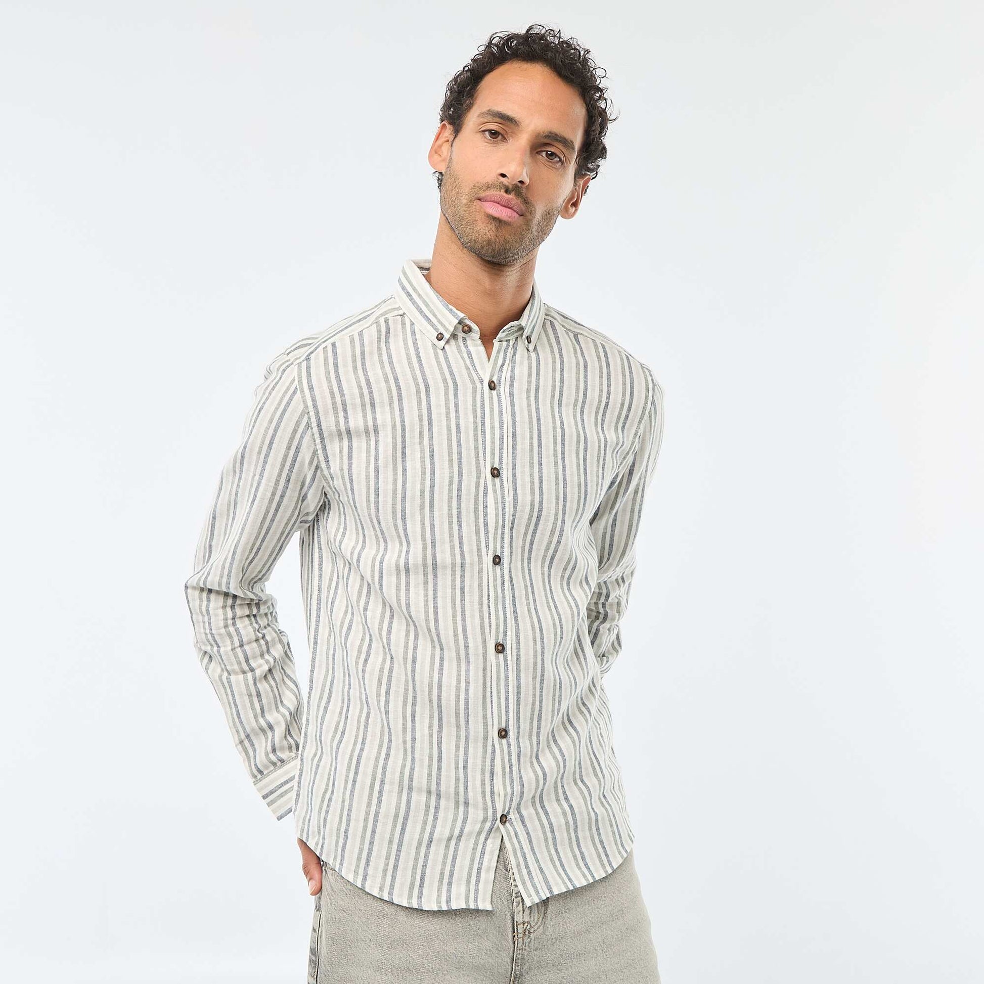 Chemise en lin et coton rayée BLANC