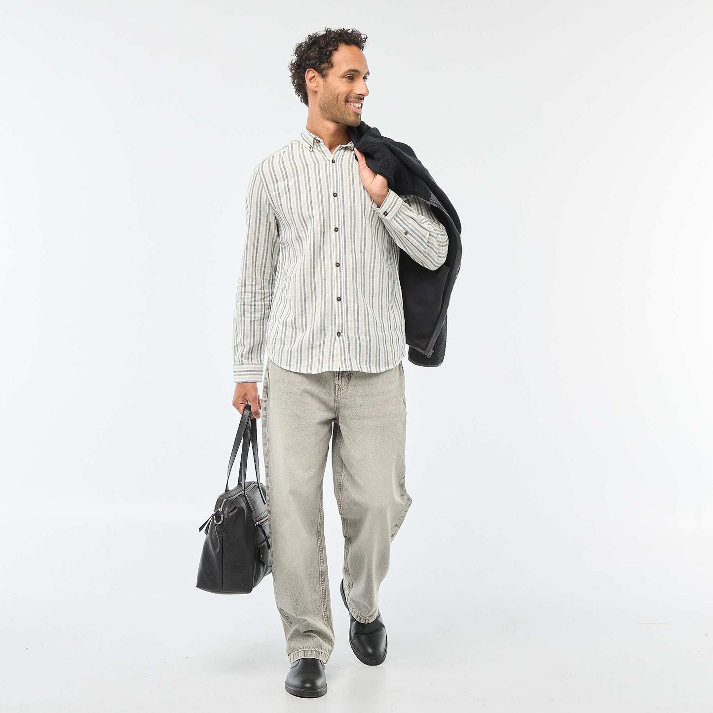 Chemise en lin et coton rayée BLANC