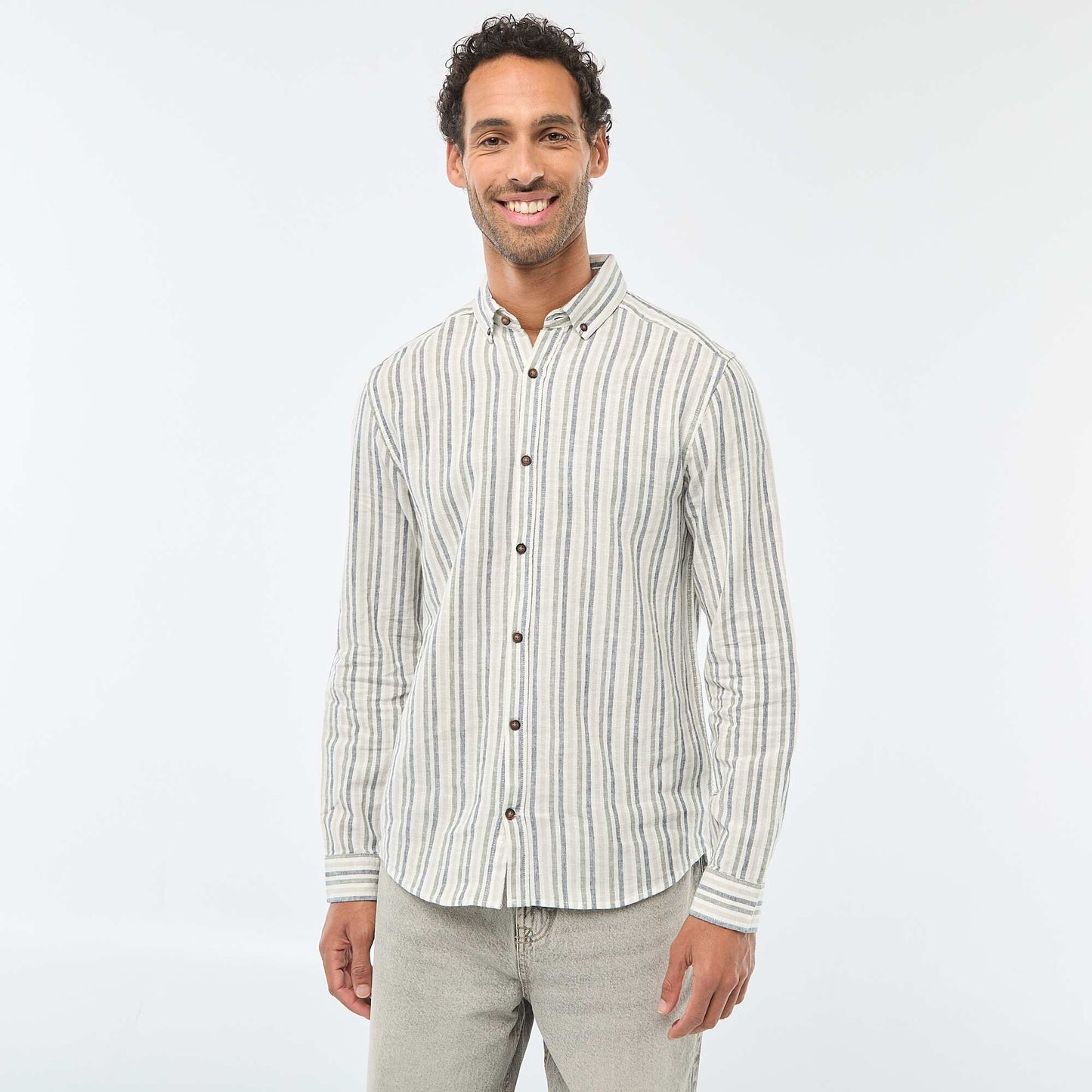 Chemise en lin et coton rayée BLANC