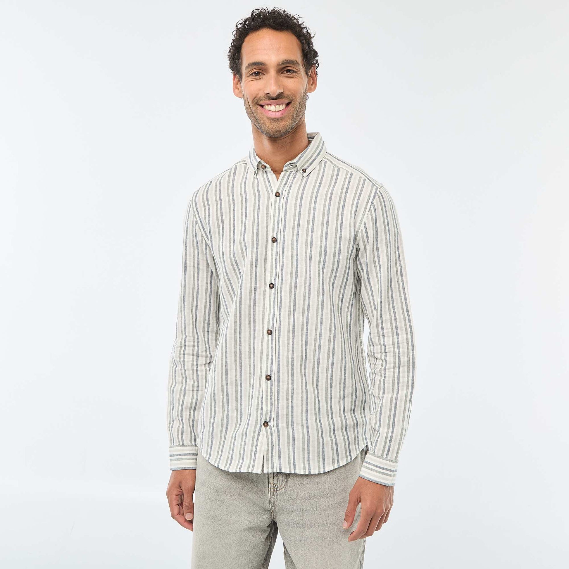 Chemise en lin et coton rayée BLANC