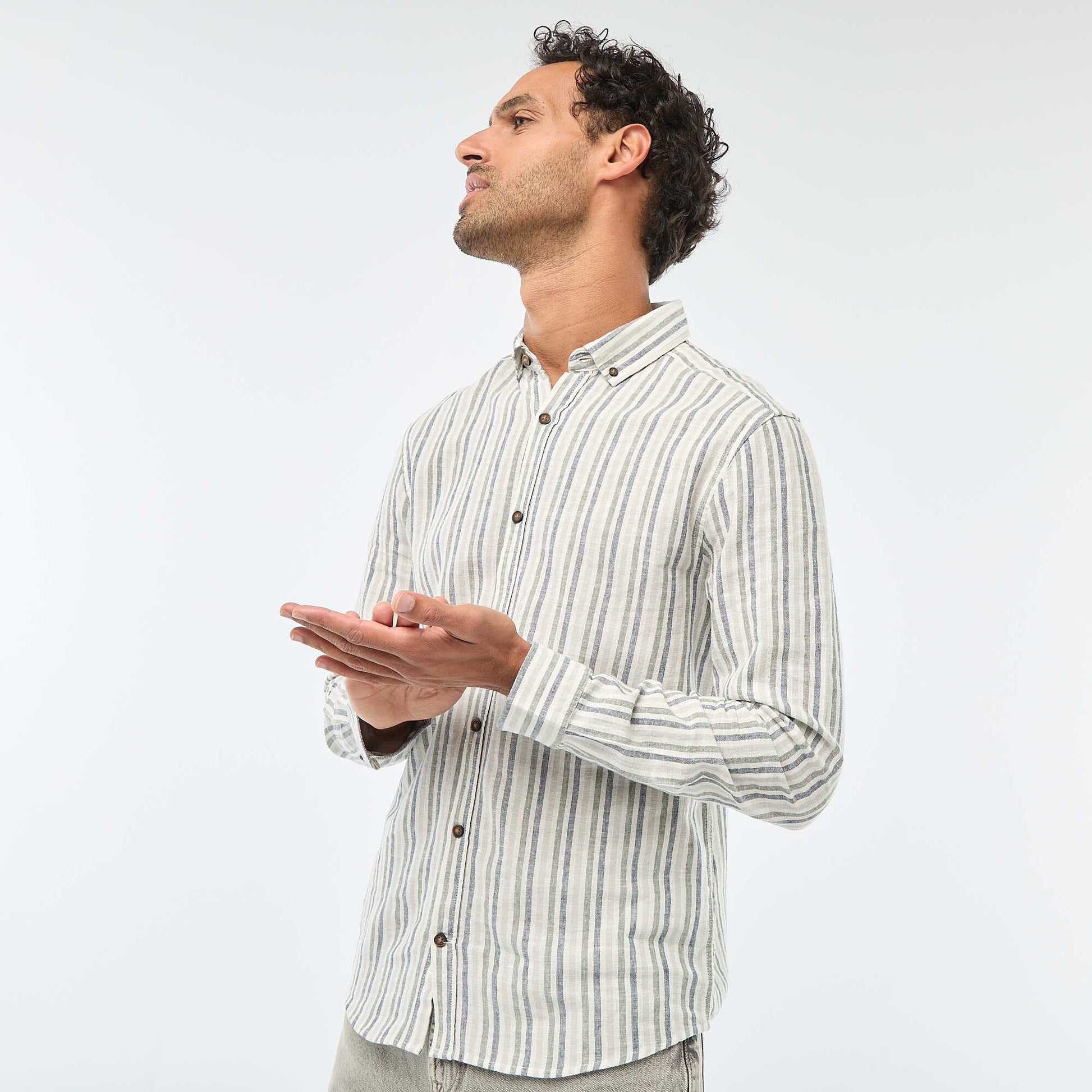 Chemise en lin et coton rayée BLANC