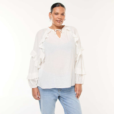 Blouse en plumetis volantée avec liens à nouer au col BLANC