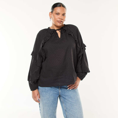 Blouse en plumetis volantée avec liens à nouer au col NOIR