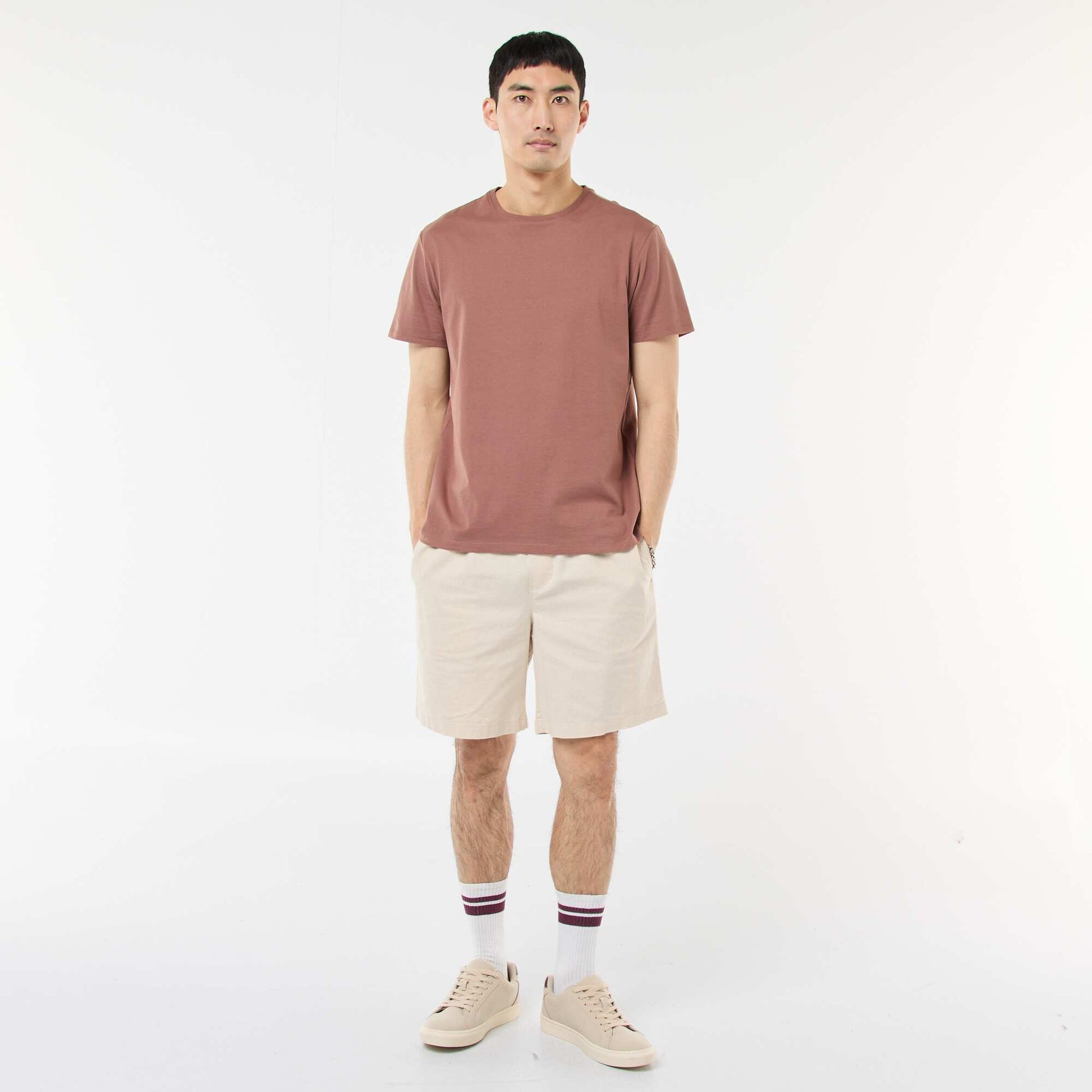 Bermuda uni en coton et lin BLANC