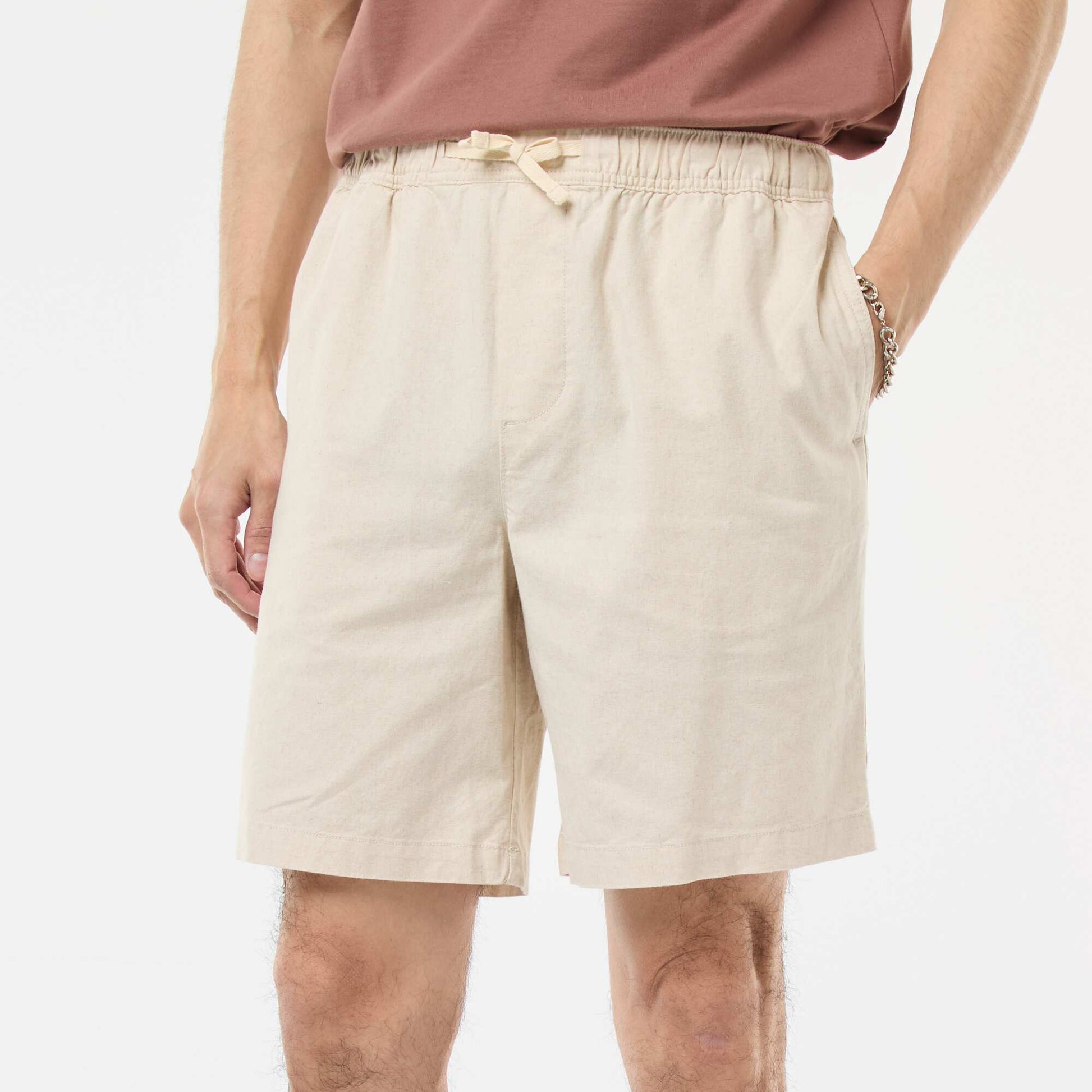 Bermuda uni en coton et lin BLANC