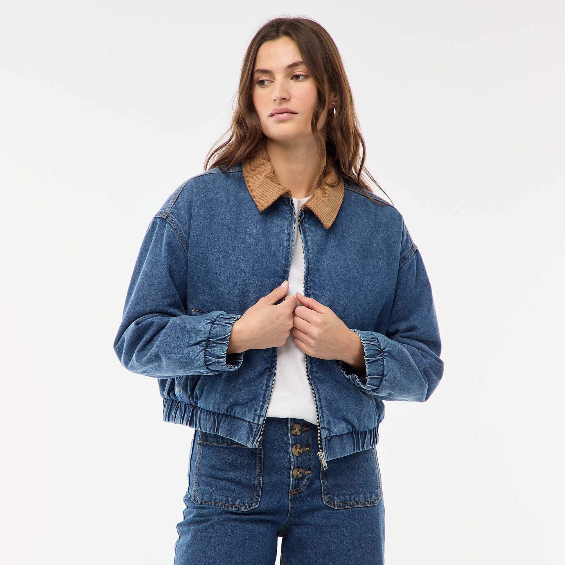 Veste en coton avec col velours côtelé BLEU
