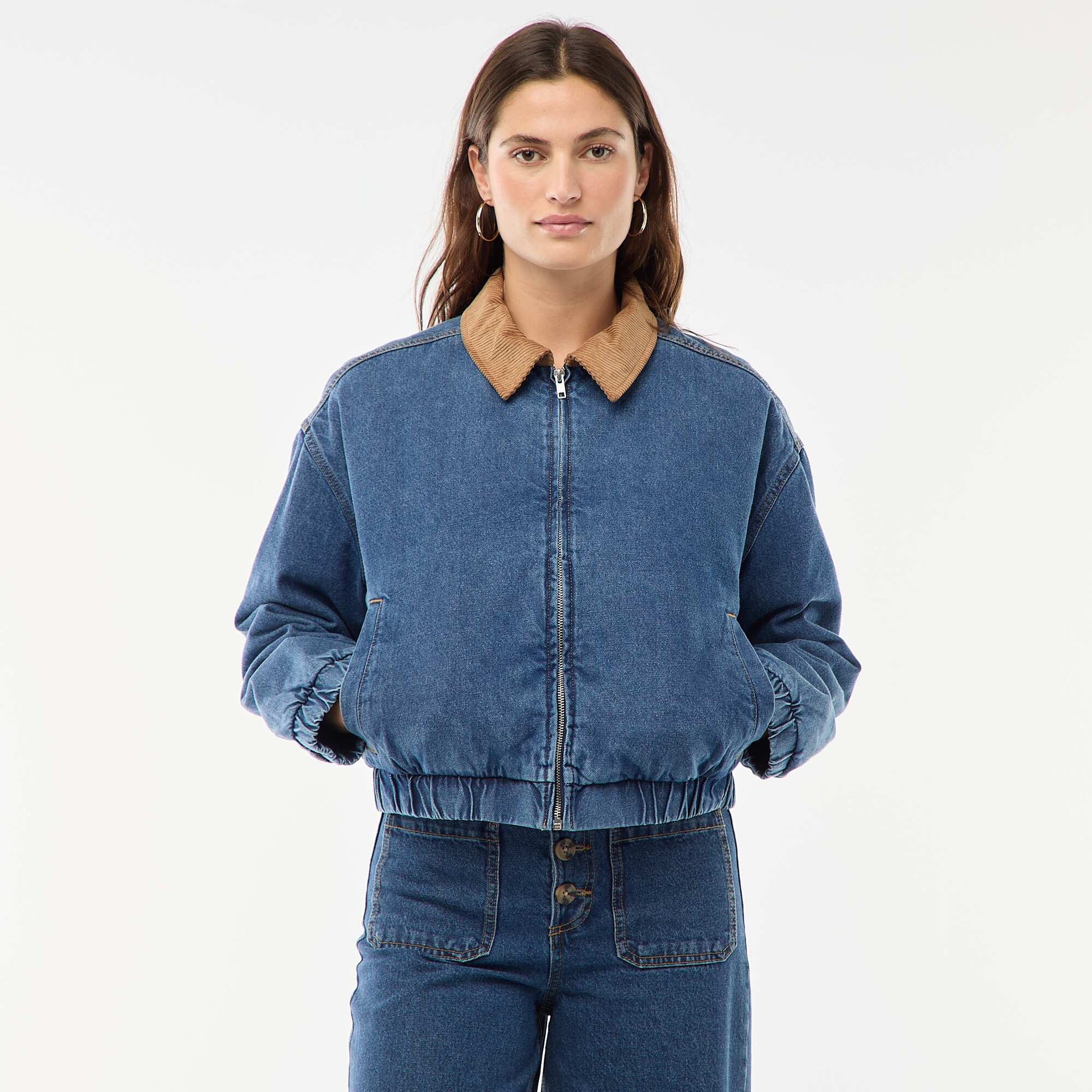 Veste en coton avec col velours côtelé BLEU