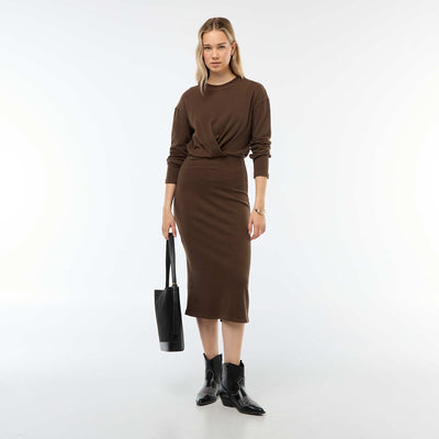 Robe unie coupe midi unie à manches longues MARRON