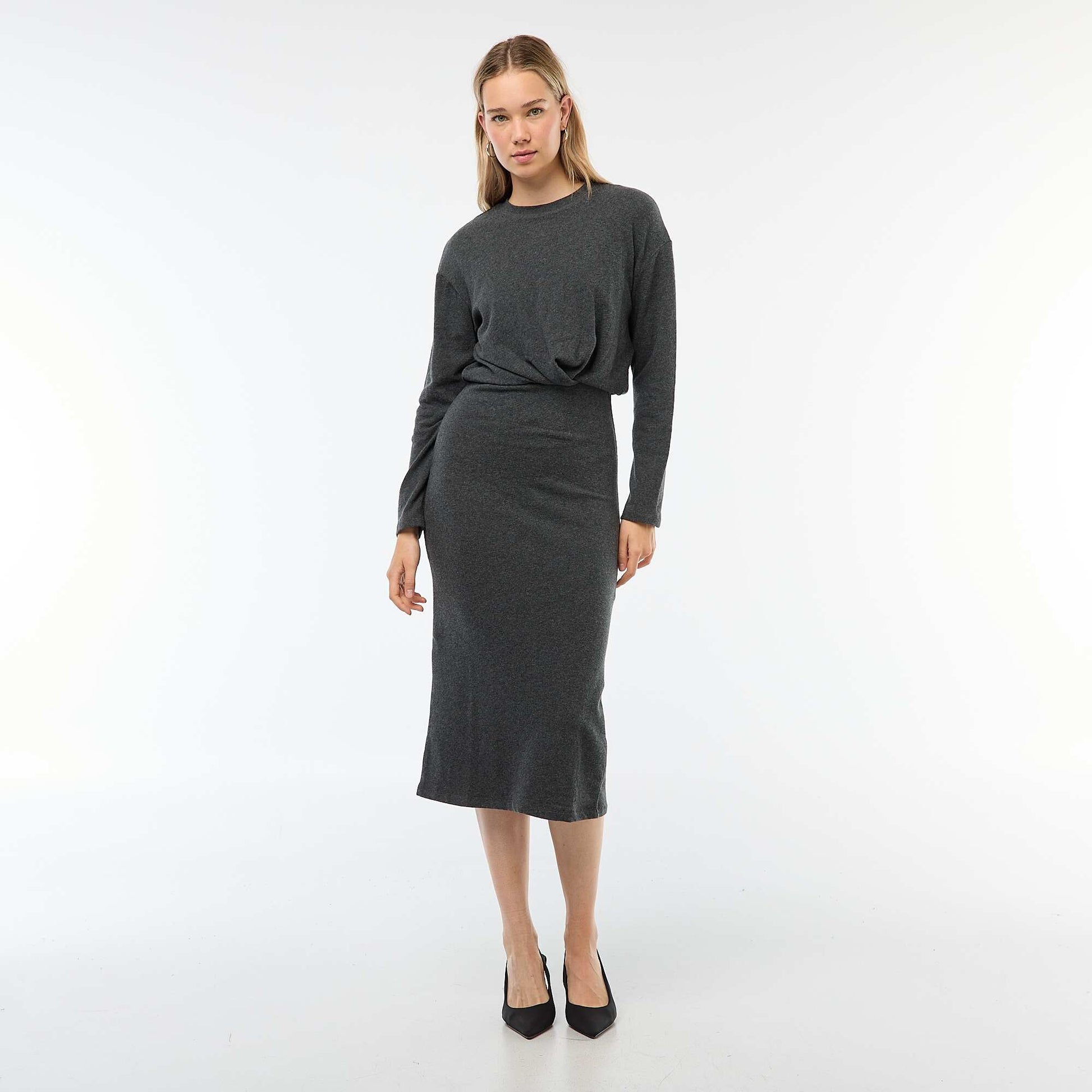 Robe unie coupe midi unie à manches longues GRIS