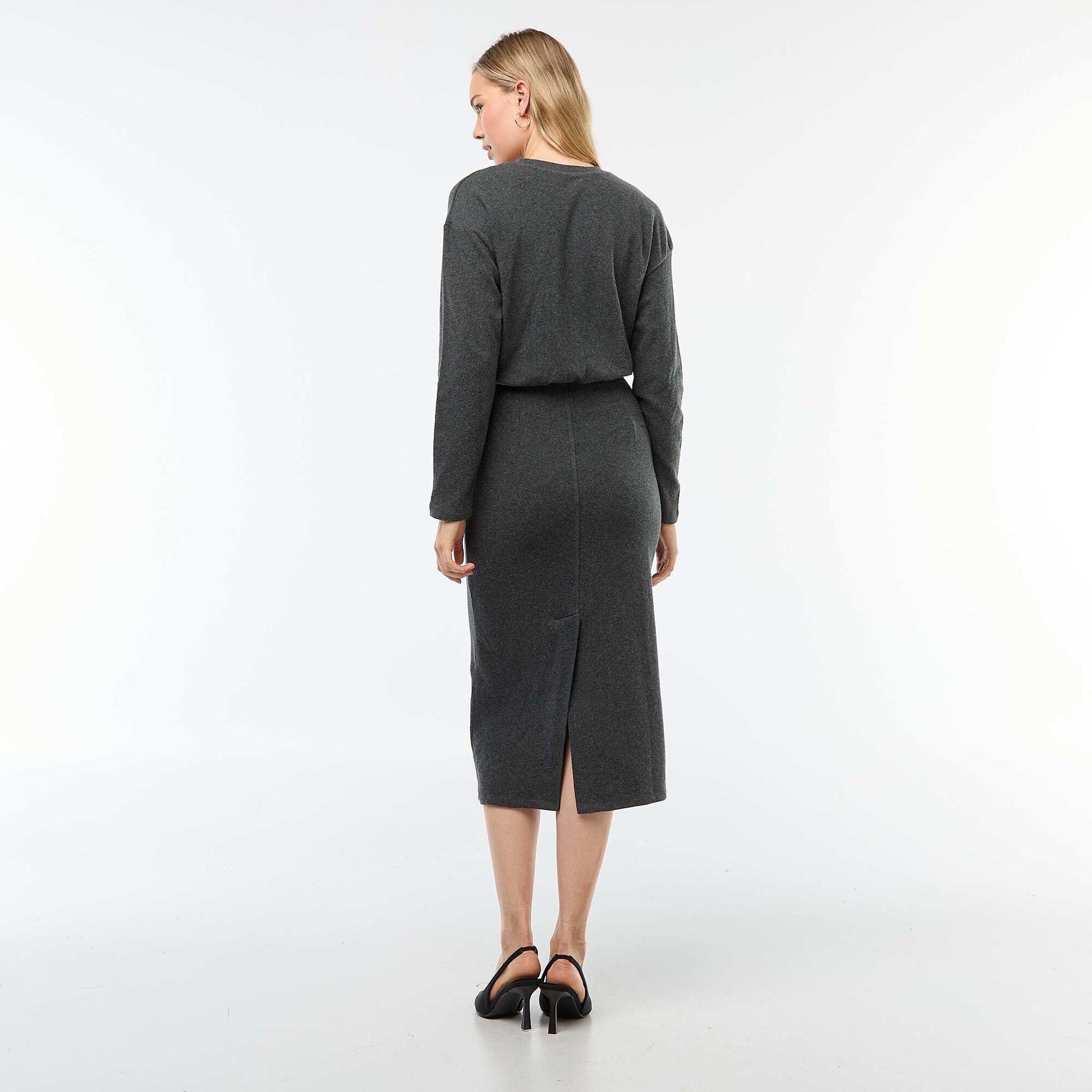 Robe unie coupe midi unie à manches longues GRIS