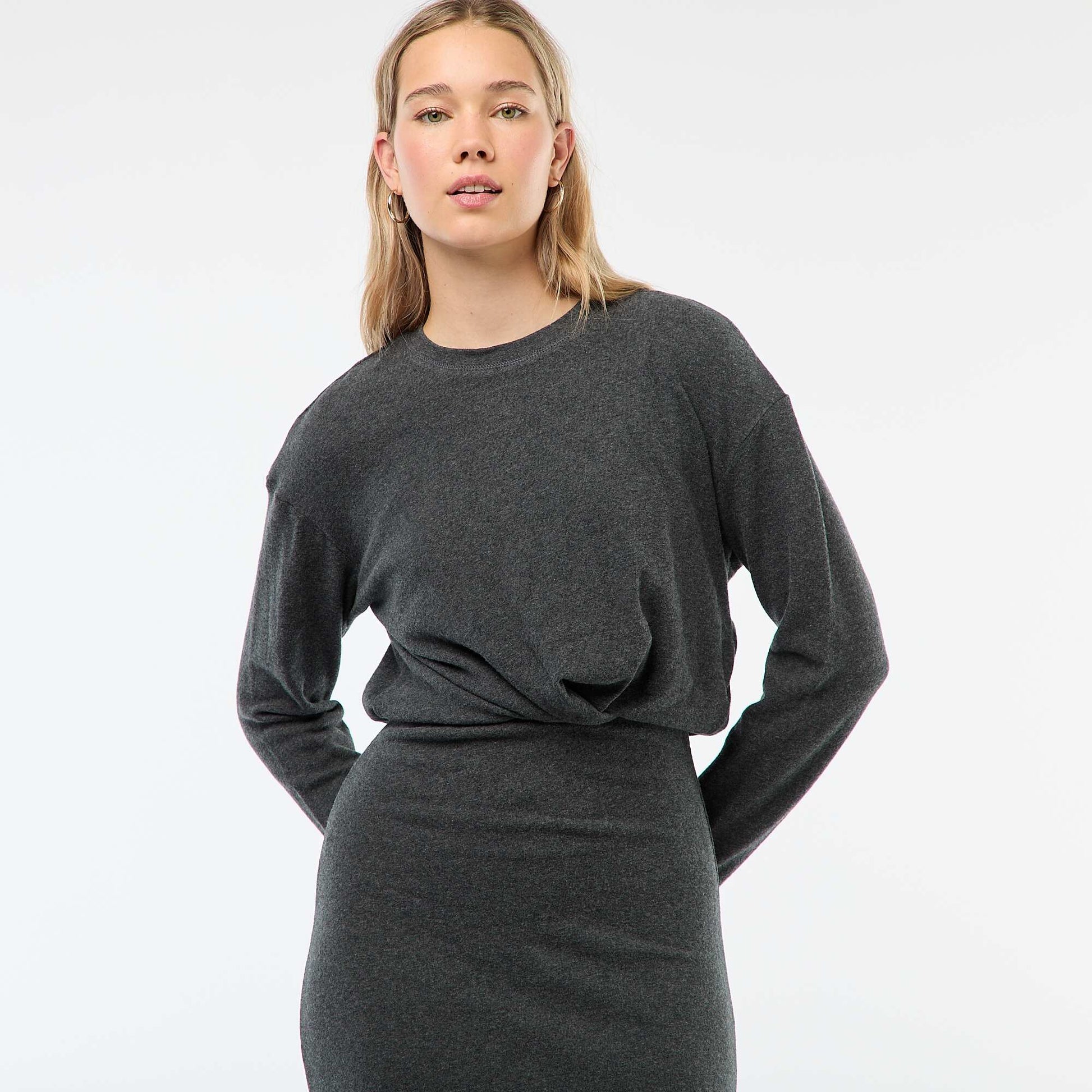 Robe unie coupe midi unie à manches longues GRIS