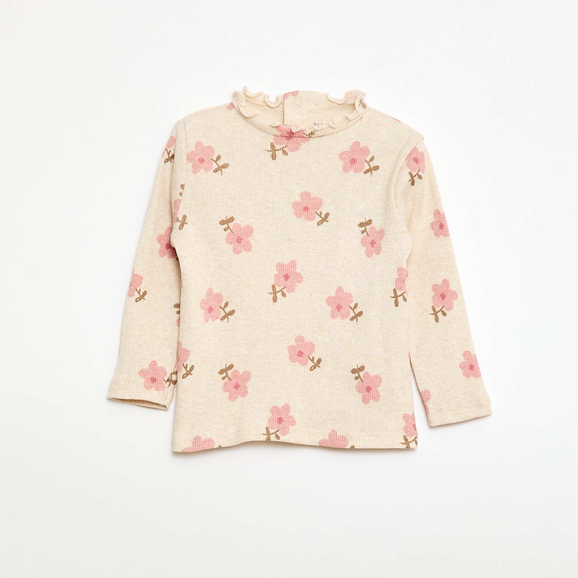 Tee-shirt rib col ondulé BEIGE