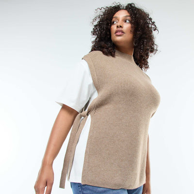 Pull effet 2-en-1 avec liens à nouer BEIGE