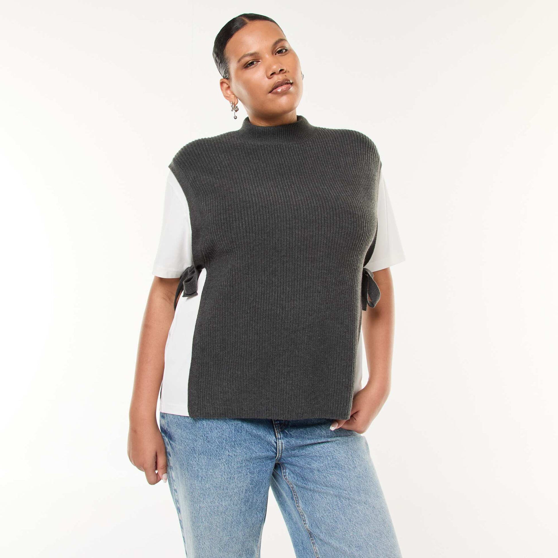 Pull effet 2-en-1 avec liens à nouer GRIS
