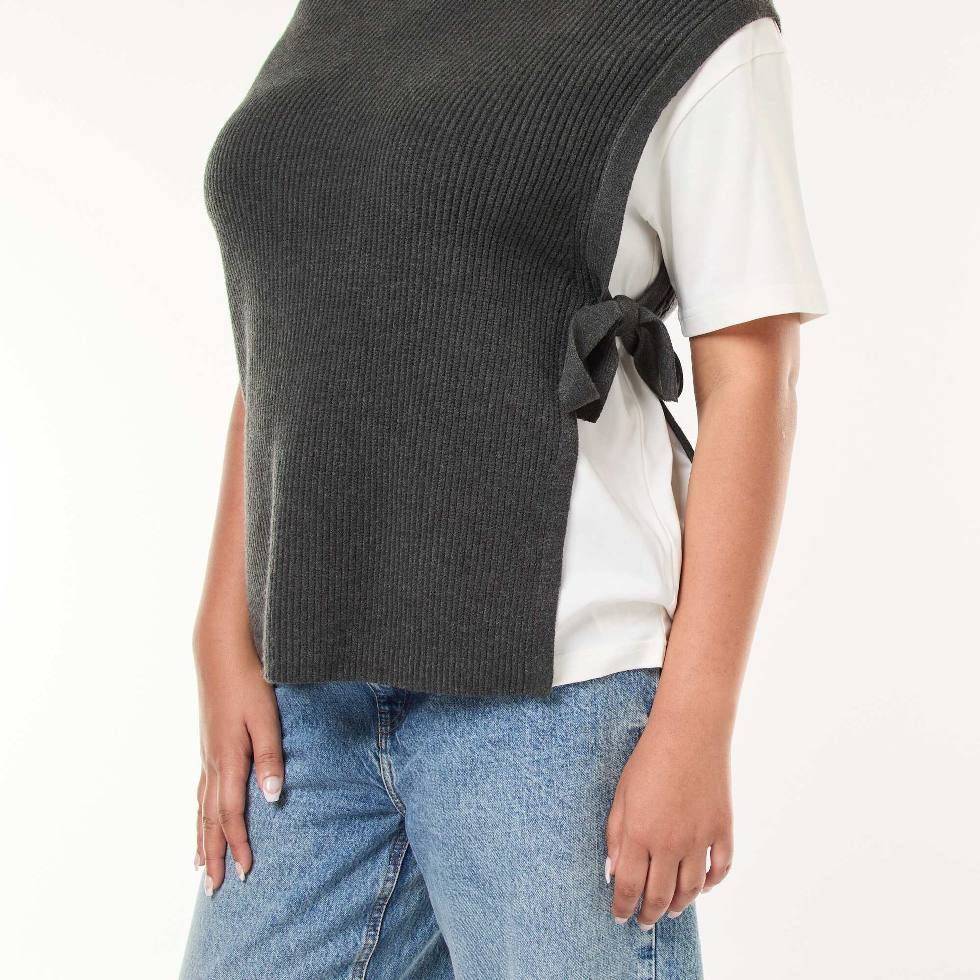 Pull effet 2-en-1 avec liens à nouer GRIS