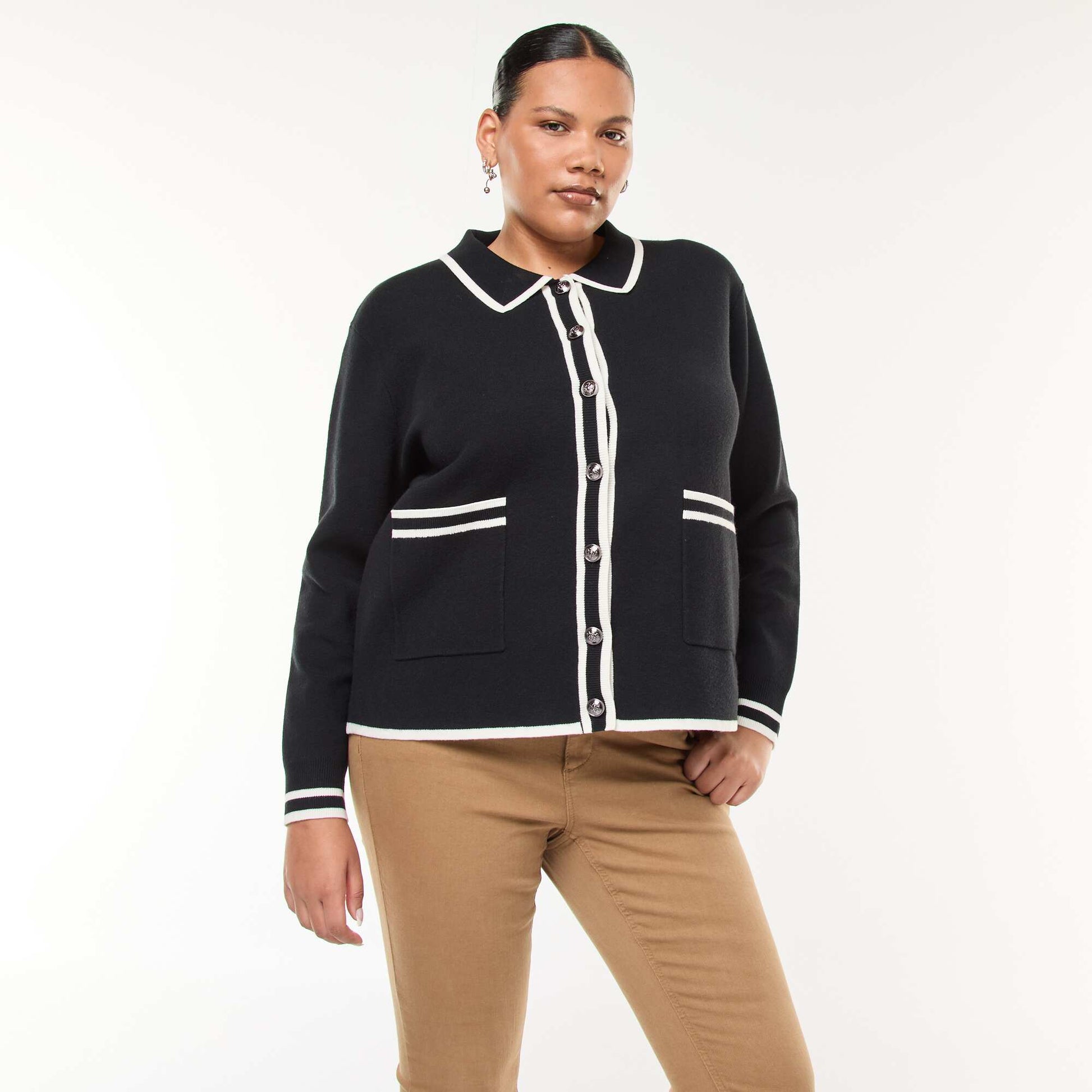 Gilet en maille épaisse avec 2 poches et boutons fantaisies NOIR