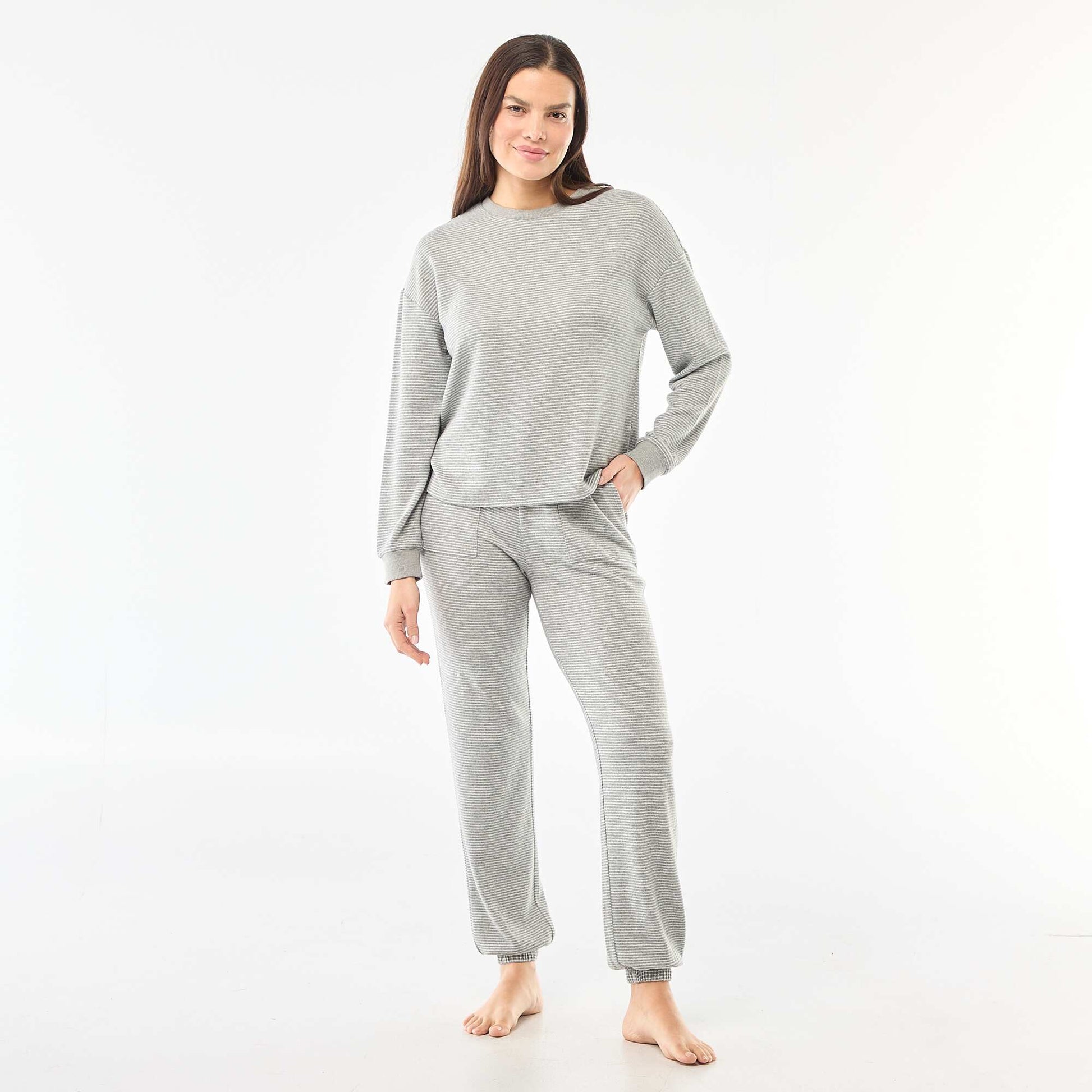Pyjama long en maille chaude - 2 pièces GRIS RAYé