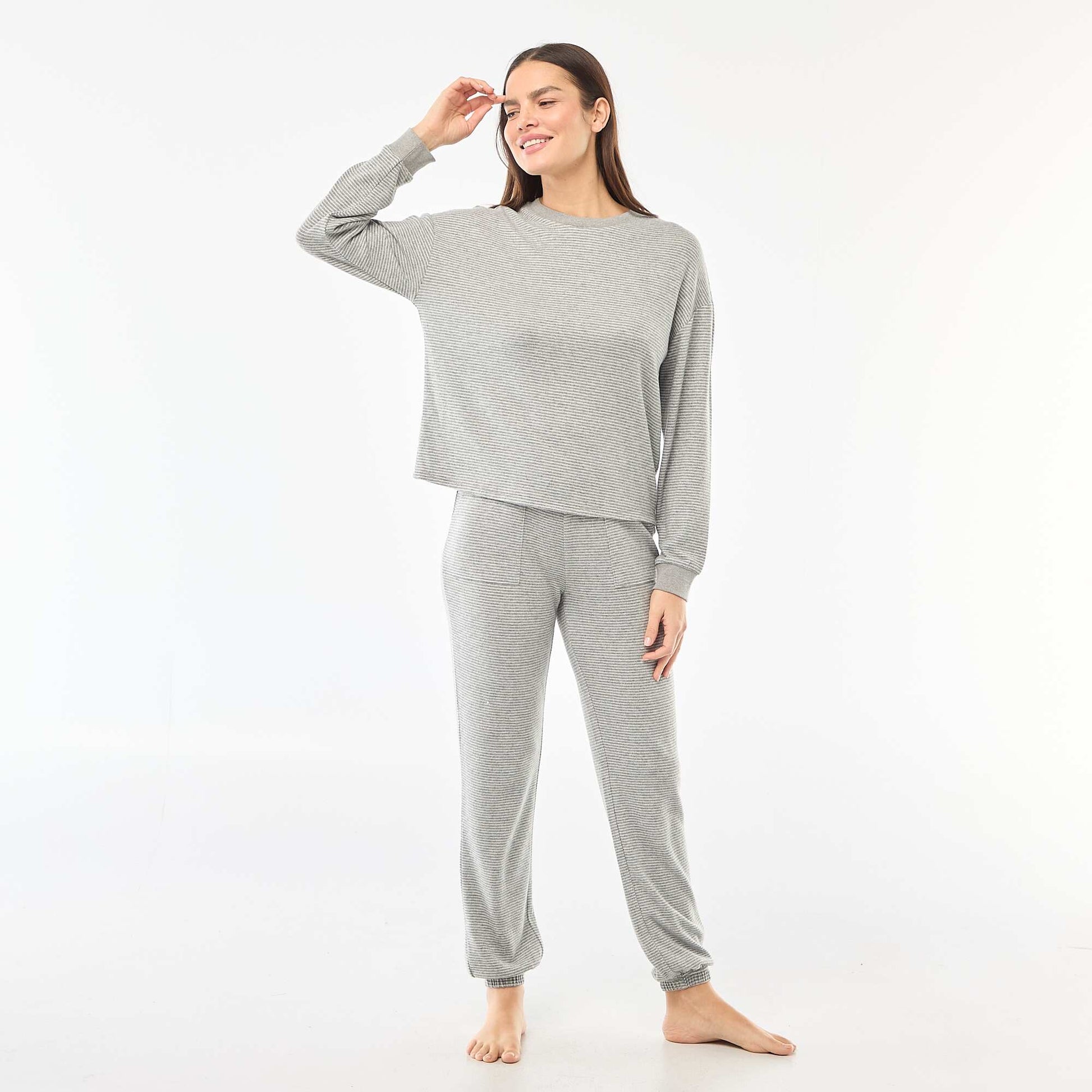 Pyjama long en maille chaude - 2 pièces GRIS RAYé